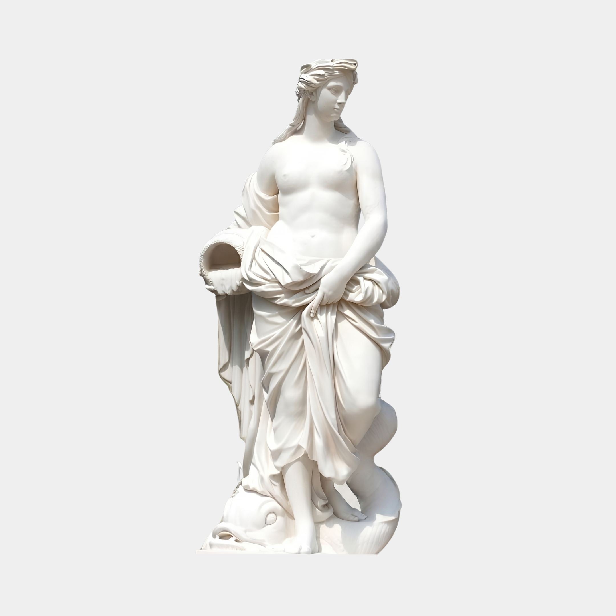 Goddess with Cornucopia 180cm white marble sculpture by Giant Sculptures, crowned figure in semi-draped pose holding a cornucopia, shown on a plain grey background.