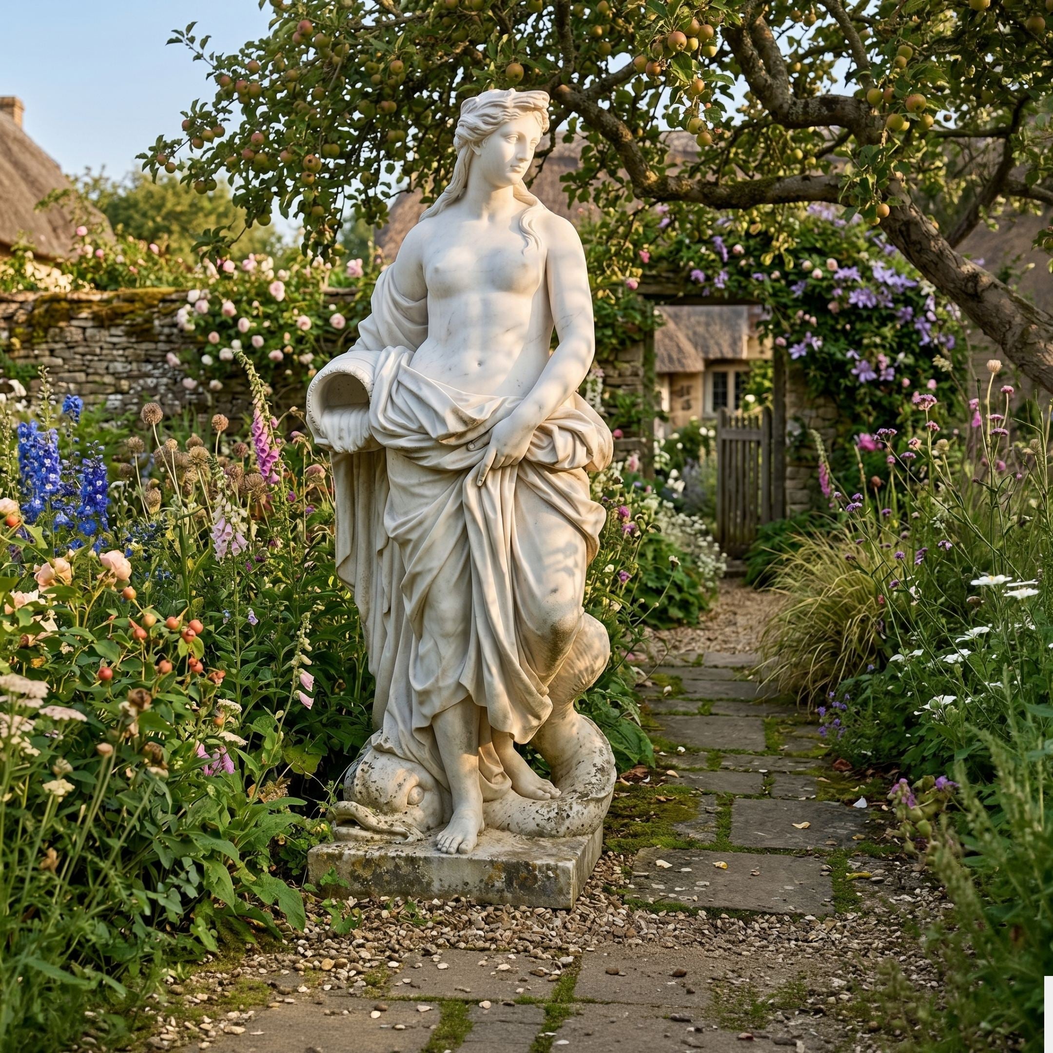 Goddess with Cornucopia Marble Sculpture by Giant Sculptures standing 180cm in a cottage garden path, draped figure cradling a cornucopia among flowers.
