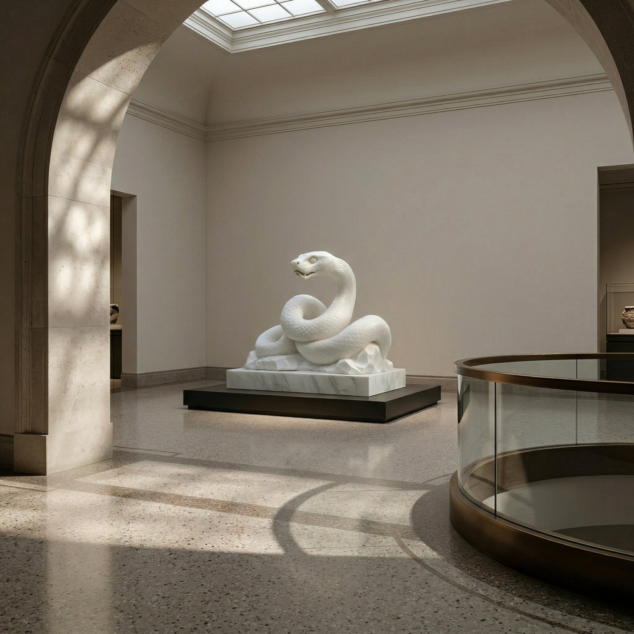The Majestic Snake White Marble Outdoor Sculpture - 100cm by Giant Sculptures, featuring two heads, is exhibited on a pedestal in a sunlit gallery with arched doorways and glass railings.