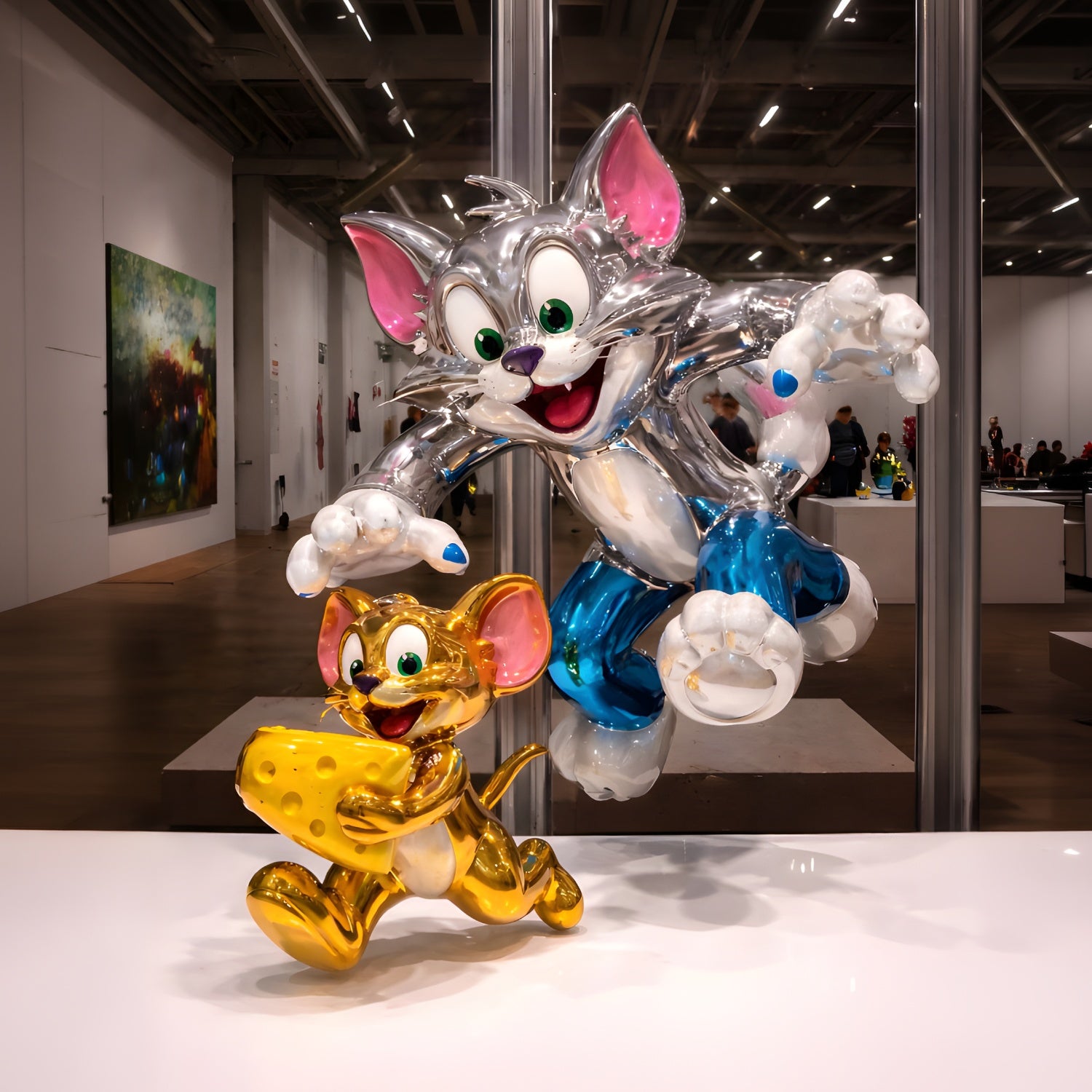 The Giant Sculptures Tom and Jerry Classic Scene Sculpture - 120cm features Tom leaping after Jerry holding cheese, in a shiny silver and blue finish, capturing a playful pop culture moment perfect for art galleries.