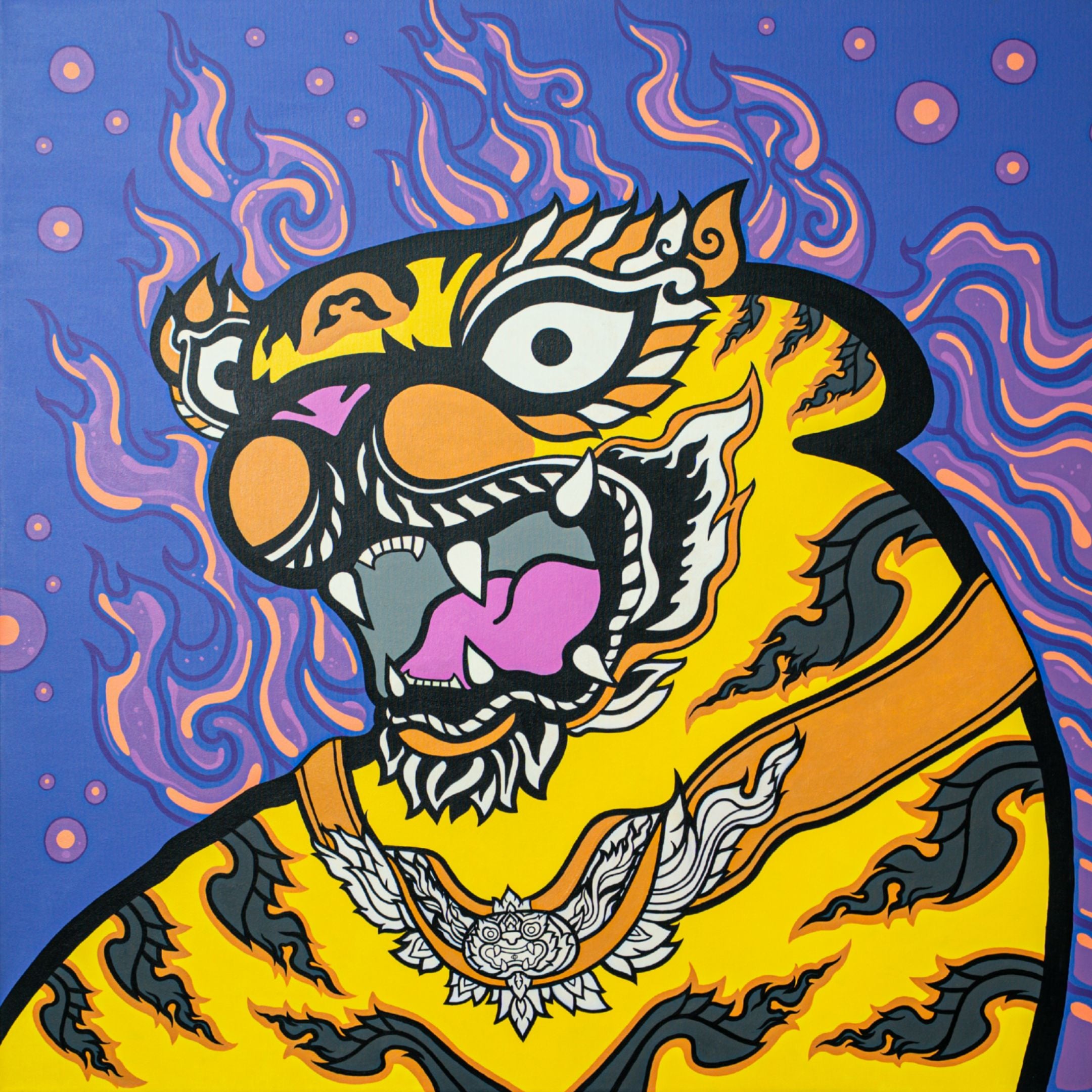 The Thai Tiger Pop Art Canvas Painting by Giant Sculptures features a stylized tiger with flames, exaggerated eyes, sharp teeth, and a flower-like necklace against a blue backdrop.