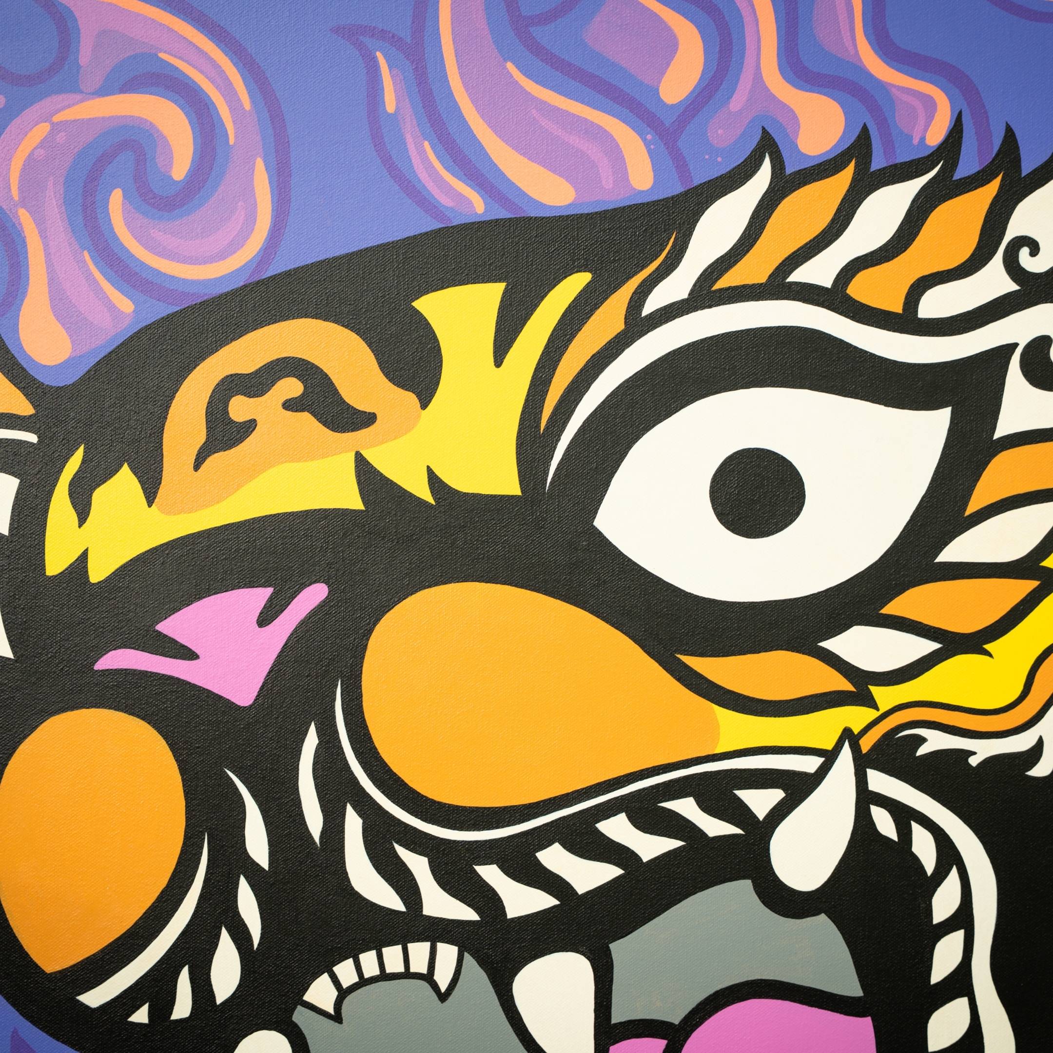 The Thai Tiger Pop Art Canvas Painting by Giant Sculptures is a vibrant mural featuring a stylized animal face with bold lines and dynamic shapes in orange, yellow, black, and white. Purple background swirls enhance this expression of pure Thai creativity.