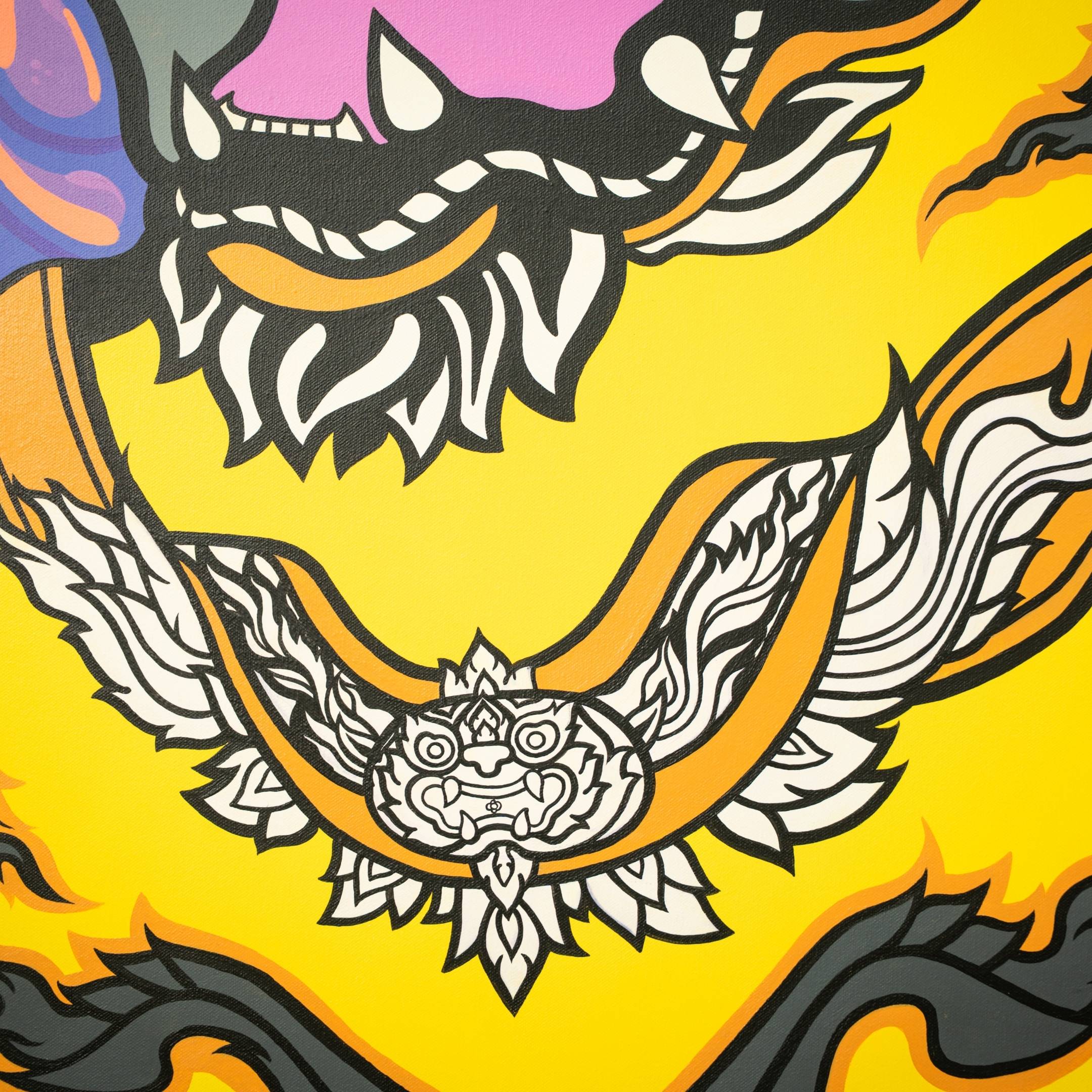 The Thai Tiger Pop Art Canvas Painting by Giant Sculptures showcases a stylized lion with a fierce look, wings, and intricate detailing. Surrounding it are dynamic abstract shapes in bright yellow, pink, and black, capturing movement and energy.