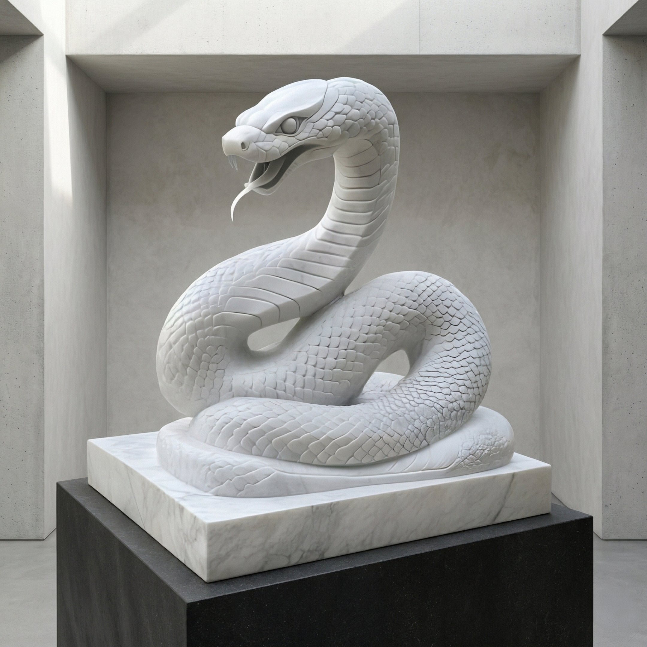 The Towering Snake White Marble Outdoor Sculpture (120cm) by Giant Sculptures features a coiled snake with raised head and exposed fangs, elegantly displayed on a marble pedestal—perfect for adding dramatic flair to any garden or minimalist space.