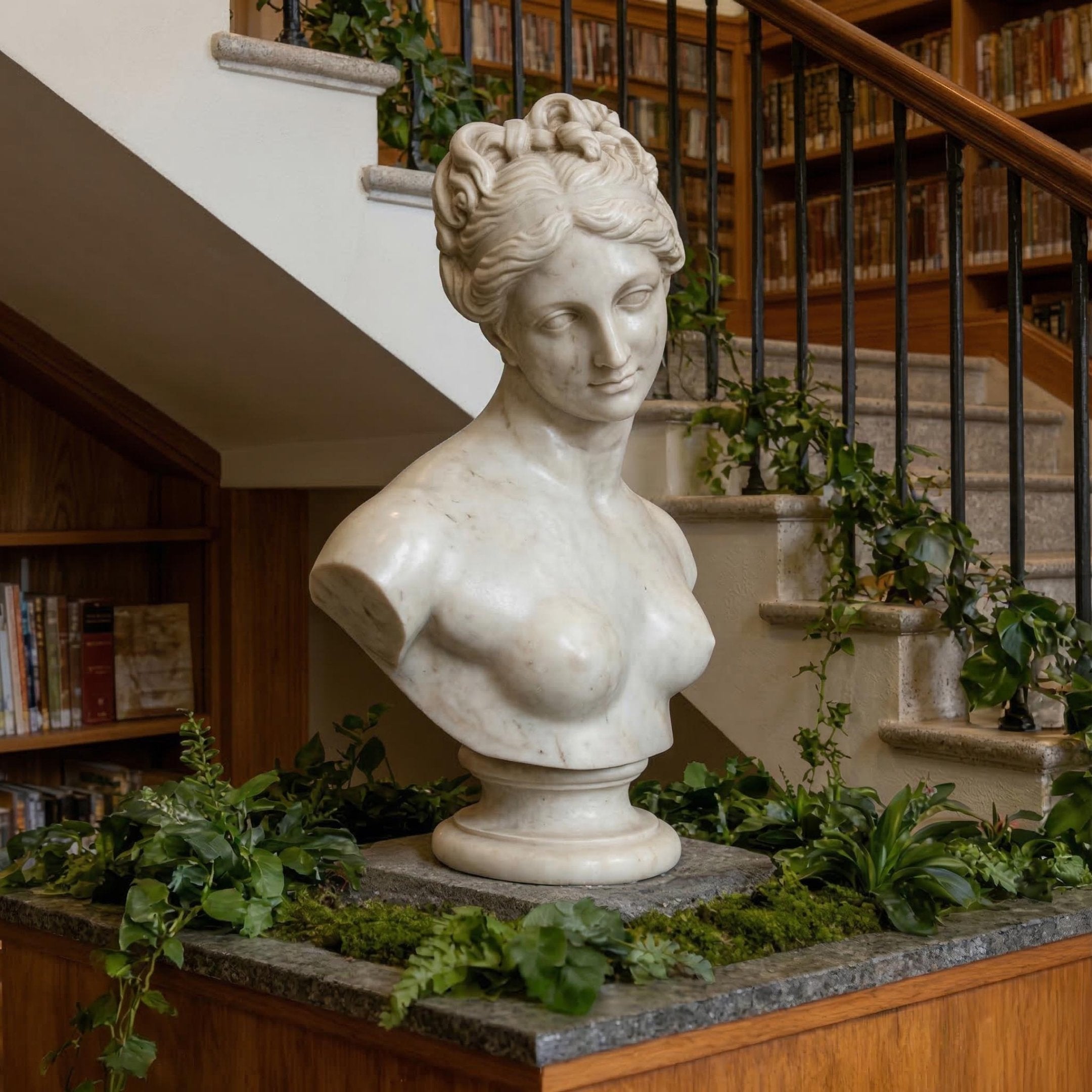 The Aphrodite Marble Bust Sculpture - 65cm by Giant Sculptures is displayed on a pedestal amid greenery in a library, with bookshelves and a staircase in the background.