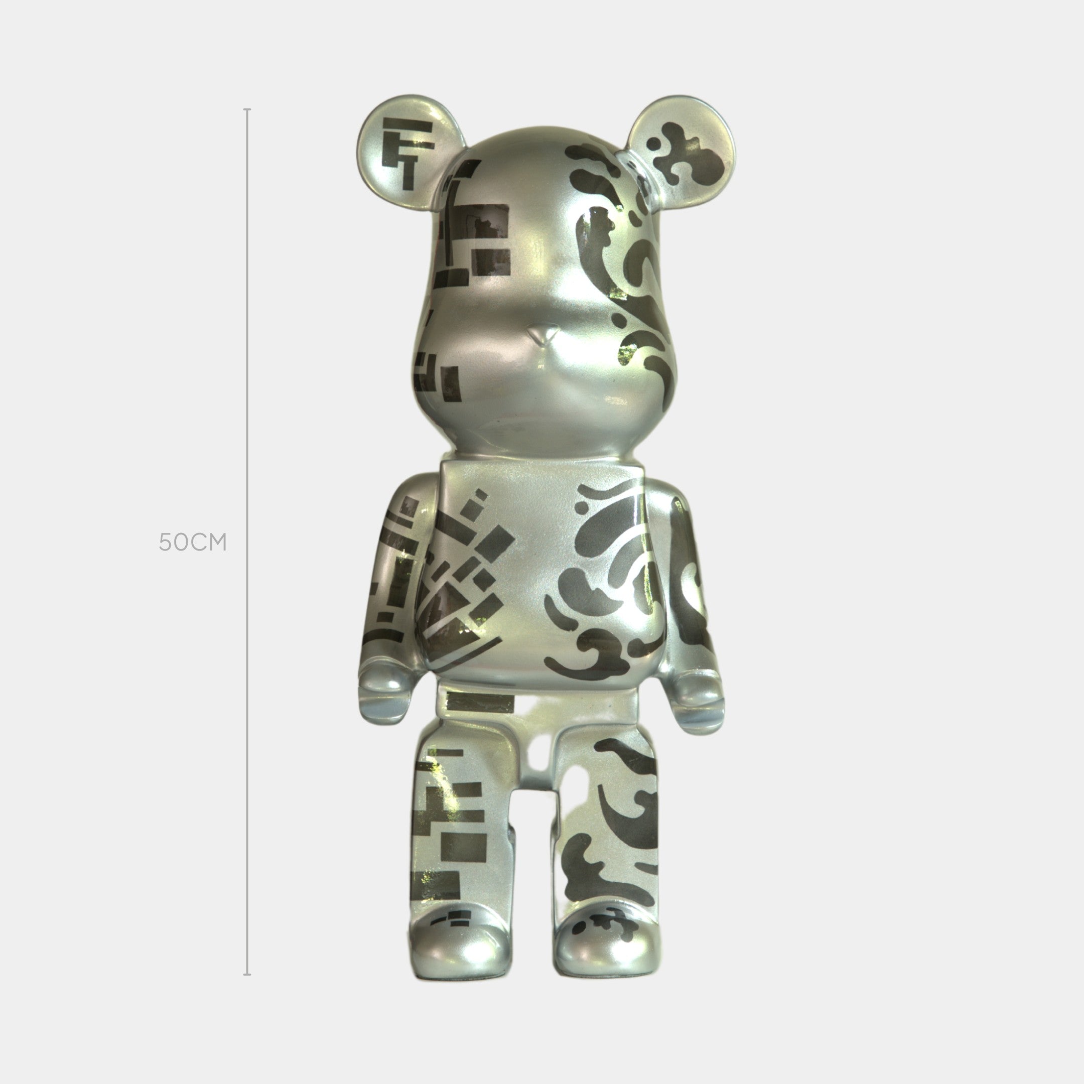 The Giant Sculptures Inside Appears Outside 3 Bear Sculpture is a 50cm tall resin art piece featuring a mirror-like silver finish with abstract black patterns, shown upright with a vertical measurement line for scale.