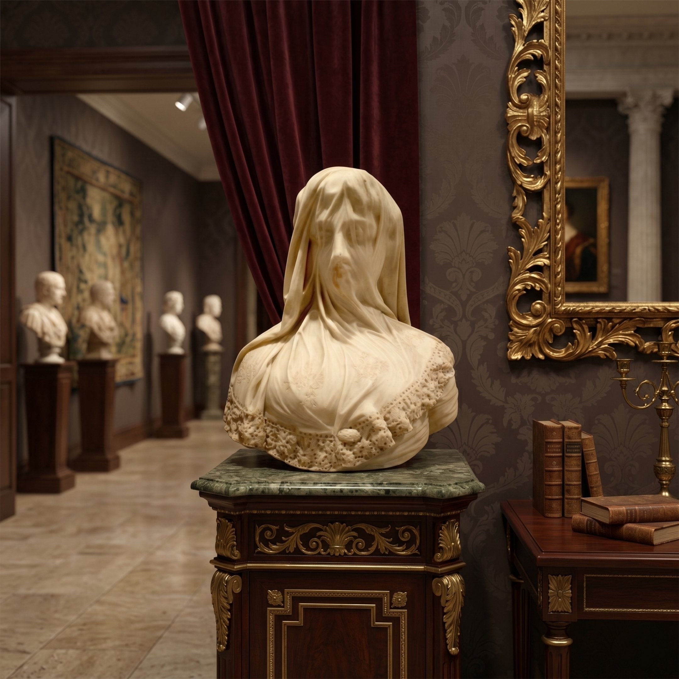 The Veiled Lady Marble Bust Sculpture - 60cm by Giant Sculptures is showcased on a pedestal in an ornate museum room, surrounded by framed paintings, books, and other busts in the background.