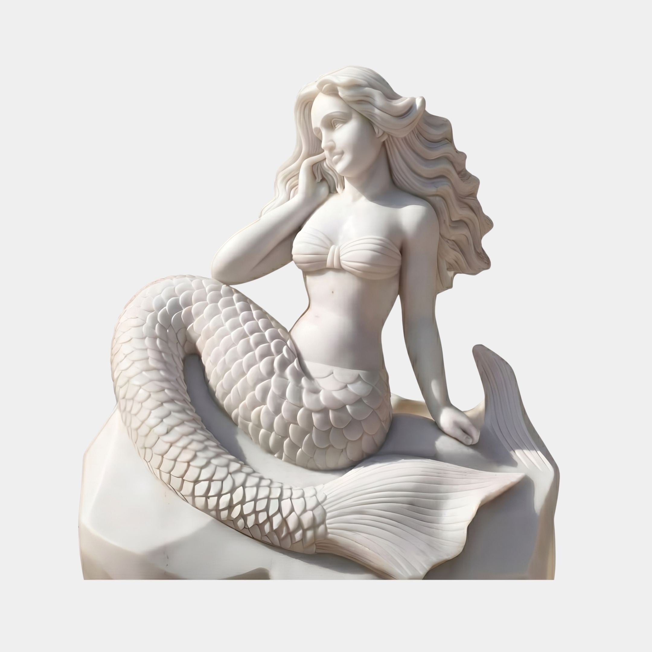 Giant Sculptures' 80cm Mermaid Marble Sculpture in white, seated on a rocky base with curling scaled tail and flowing hair, shown against a plain light grey background.