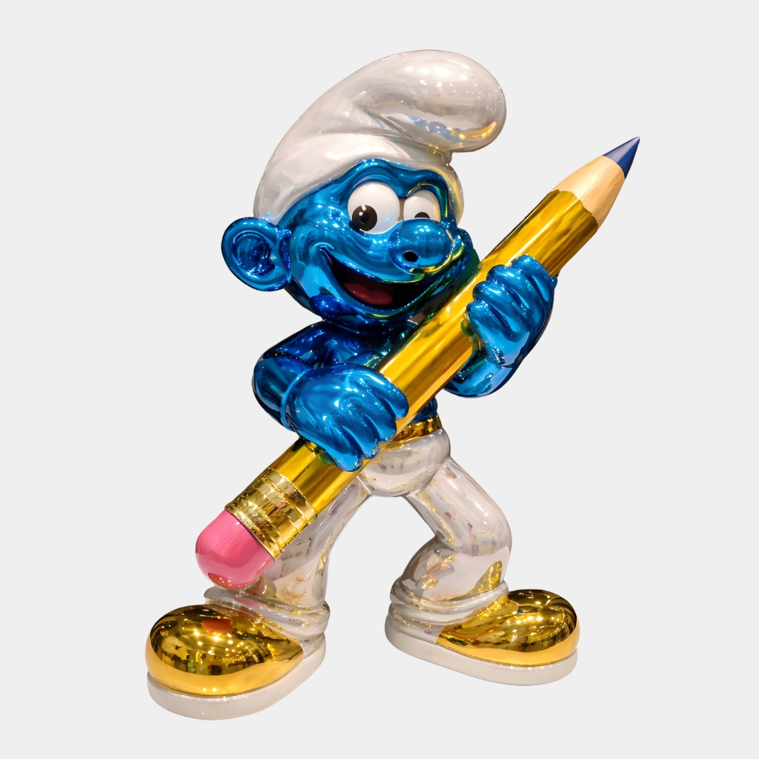 The Giant Sculptures Giant Pencil Smurf Standing Sculpture (150cm) features a shiny blue Smurf with a big smile, gold shoes, white pants and hat, holding a large yellow pencil with pink eraser and blue tip against a plain white background.