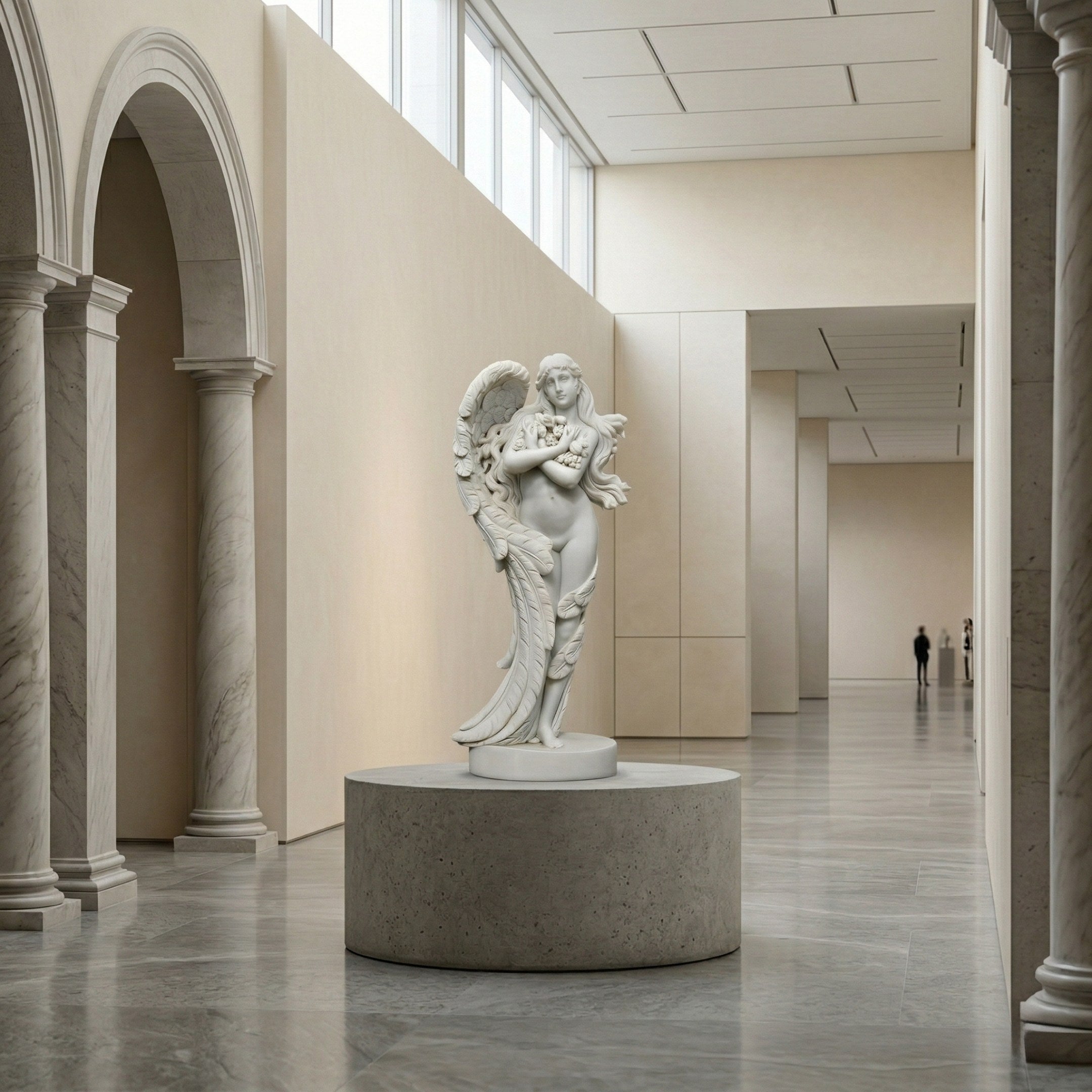 The Giant Sculptures Leaf-Winged Angel Marble Outdoor Sculpture (170cm) stands on a round pedestal in a spacious, modern museum hall with arched doorways. Two people admire the elegant statue from a distance.