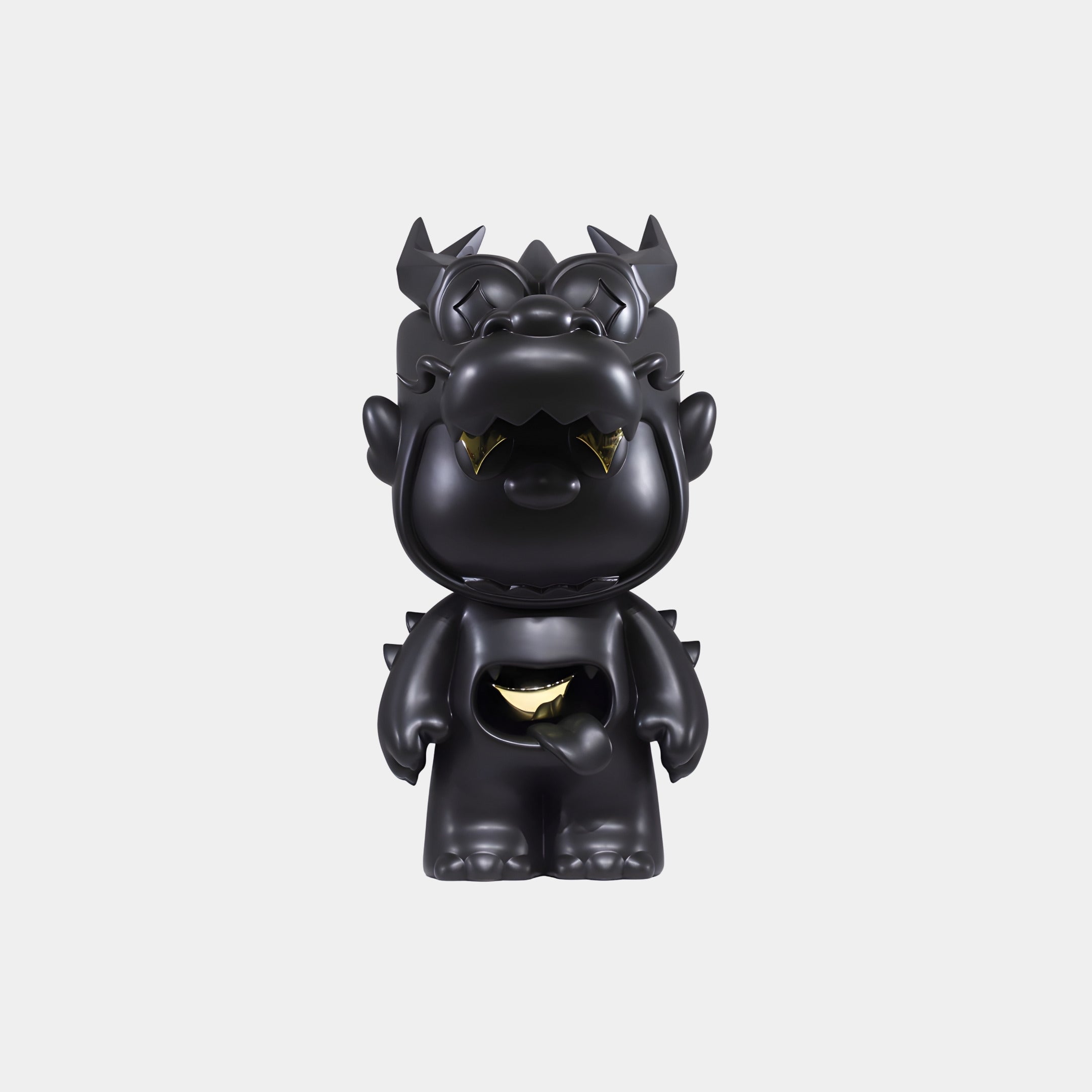 The Midnight Black Electroplated Drakko Figure by Giant Sculptures features a dragon-like design with pointed ears, gold accents, and a reptilian tail—standing 26cm tall and displayed like a sculpture against a plain white background.