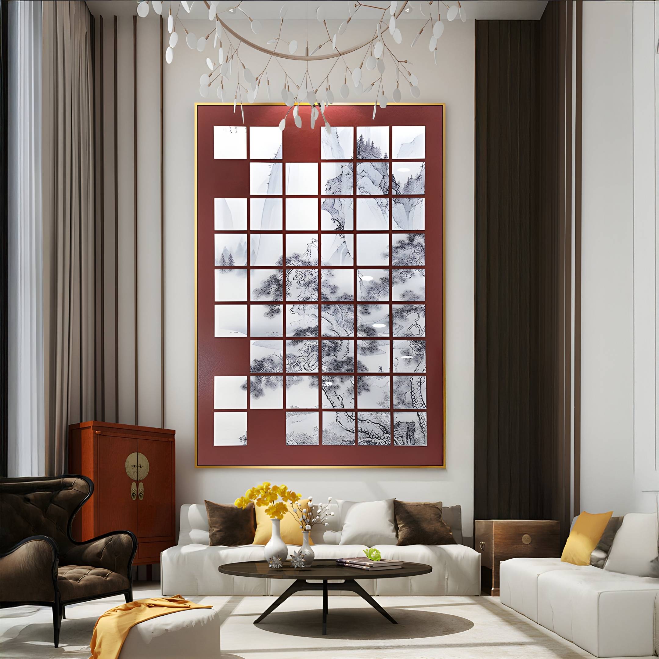 Kanshiro Burgundy Panelled Landscape Acrylic 3D Wall Art