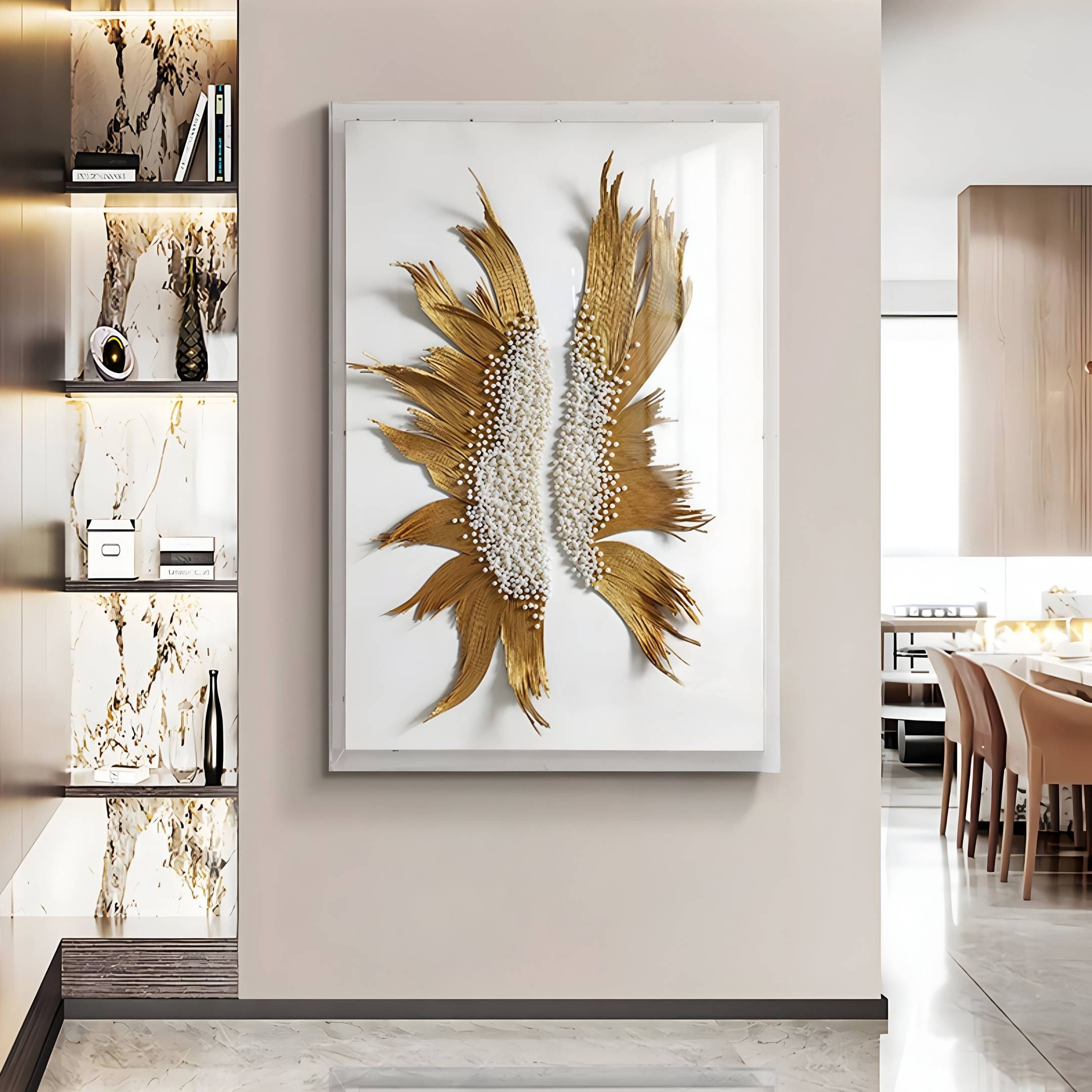 A modern dining area features the Lirien Twin Pearl Fronds Gold Sculptural 3D Wall Art by Giant Sculptures, with white textured elements on a light wall, wooden chairs, and shelving for a sophisticated statement.