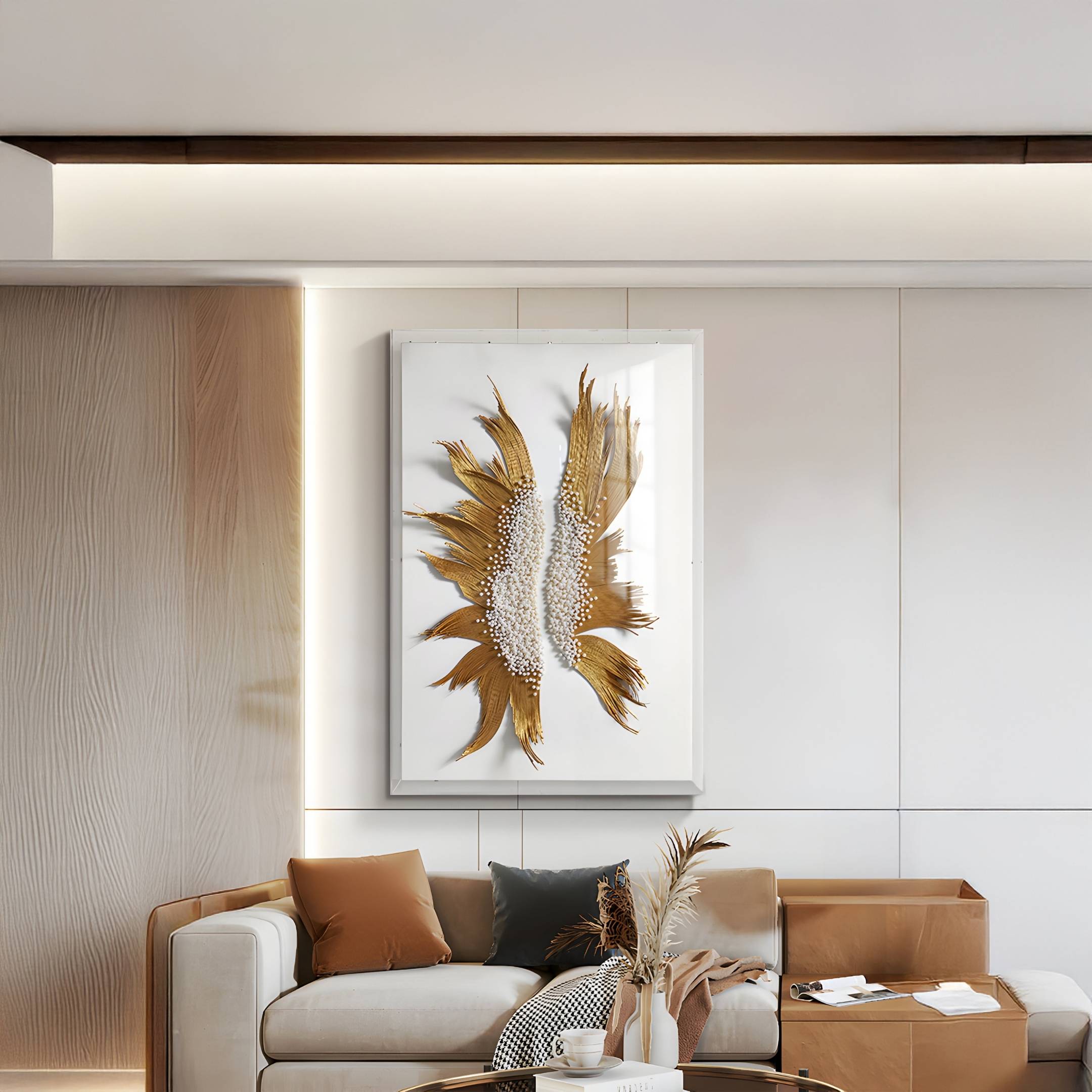 A modern living room with a beige sofa, brown and beige cushions, a brown ottoman, and the Lirien Twin Pearl Fronds Gold Sculptural 3D Wall Art by Giant Sculptures above the sofa. Neutral tones and minimal decor create a cozy, elegant feel.