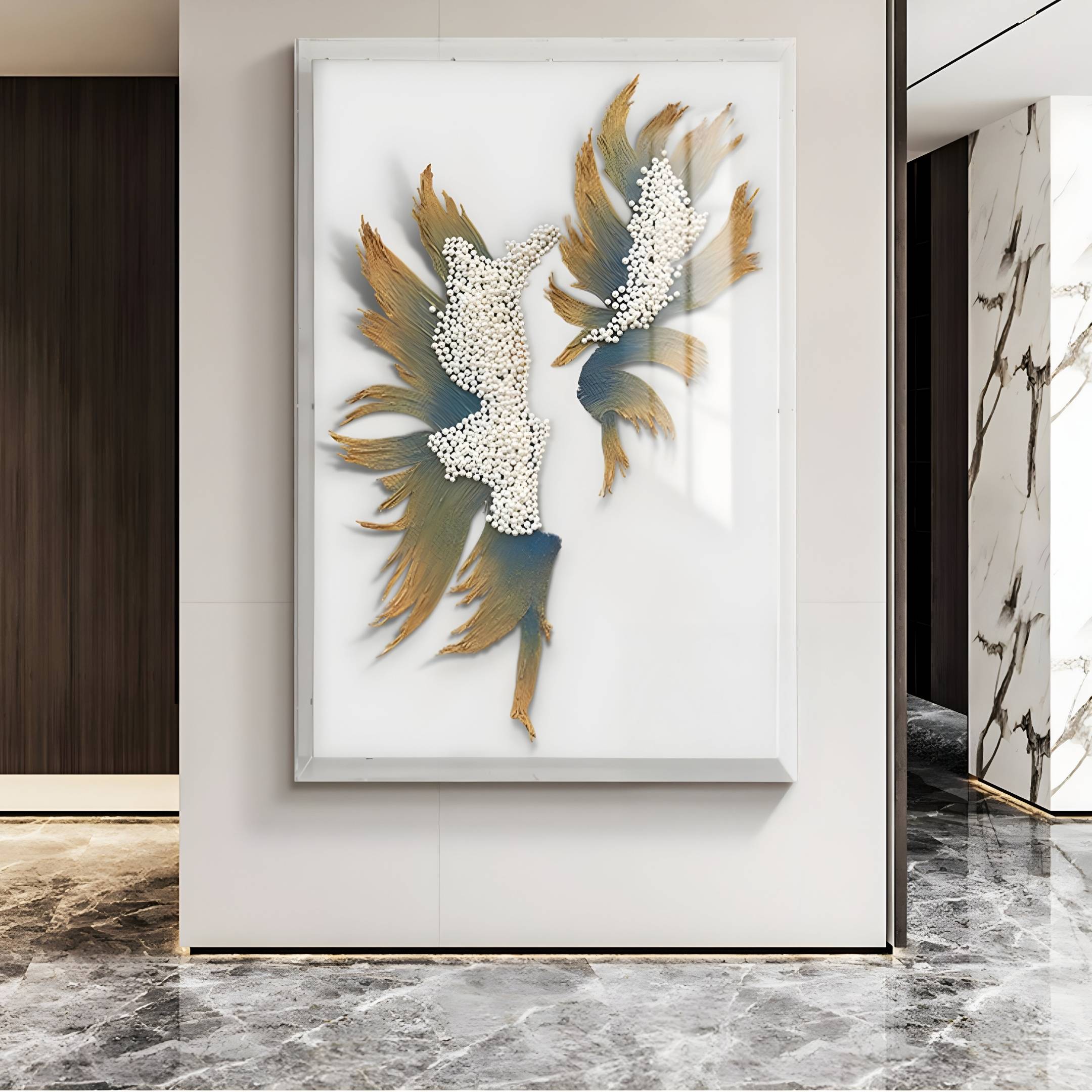 The Lirien Pearl Fade Teal & Gold Sculptural 3D Wall Art by Giant Sculptures hangs on a white wall, showcasing textured teal, gold, and pearl shapes in a modern room with marble floors and dark wood accents.