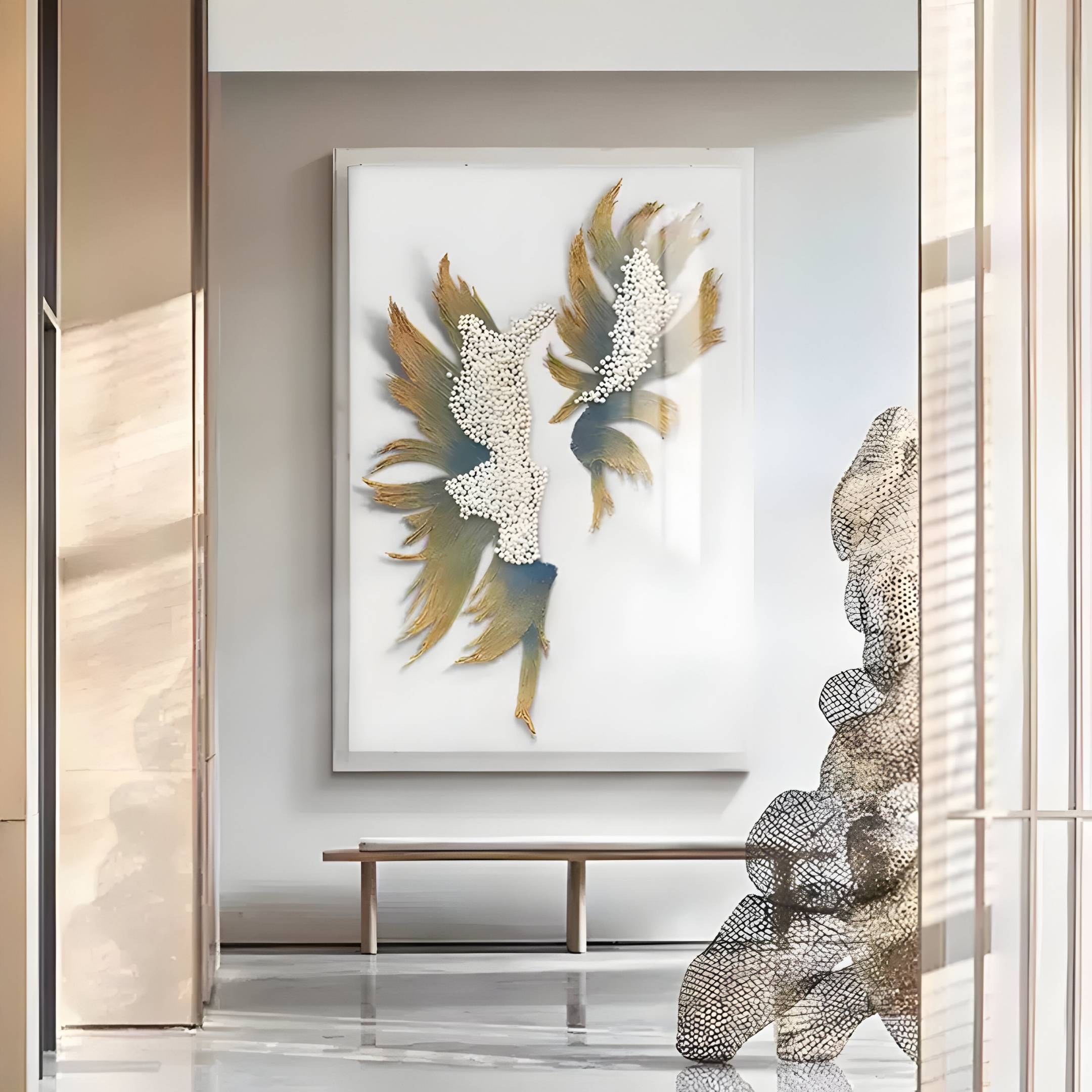 A modern art gallery displays a large abstract painting with textured white, brown, and gold layers above a wooden bench. In the foreground is the Lirien Pearl Fade Teal & Gold Sculptural 3D Wall Art by Giant Sculptures.