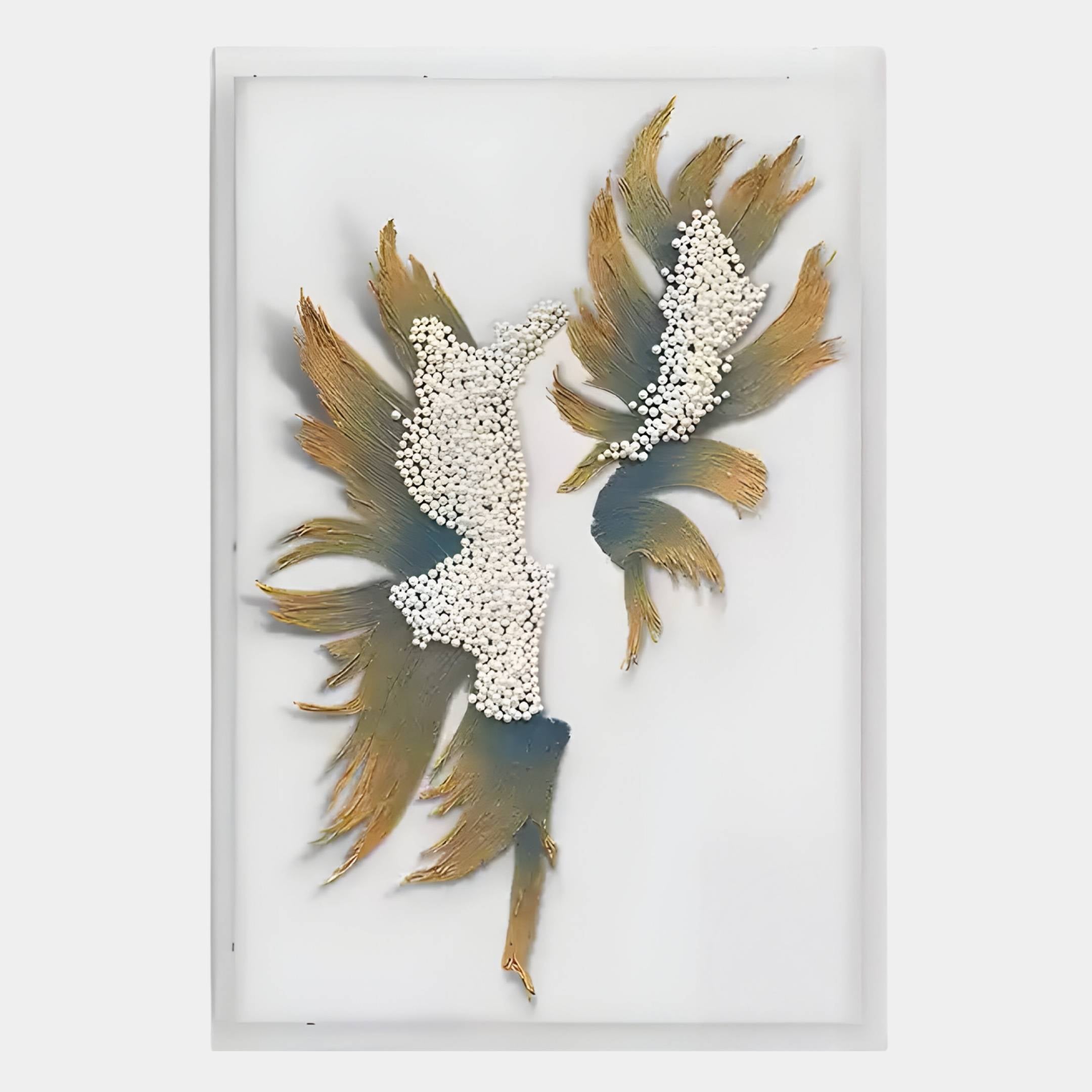 The Lirien Pearl Fade Teal & Gold Sculptural 3D Wall Art by Giant Sculptures features textured gold and green leaf shapes with pearl-like white accents, all framed in a clear rectangular case for a striking modern look.