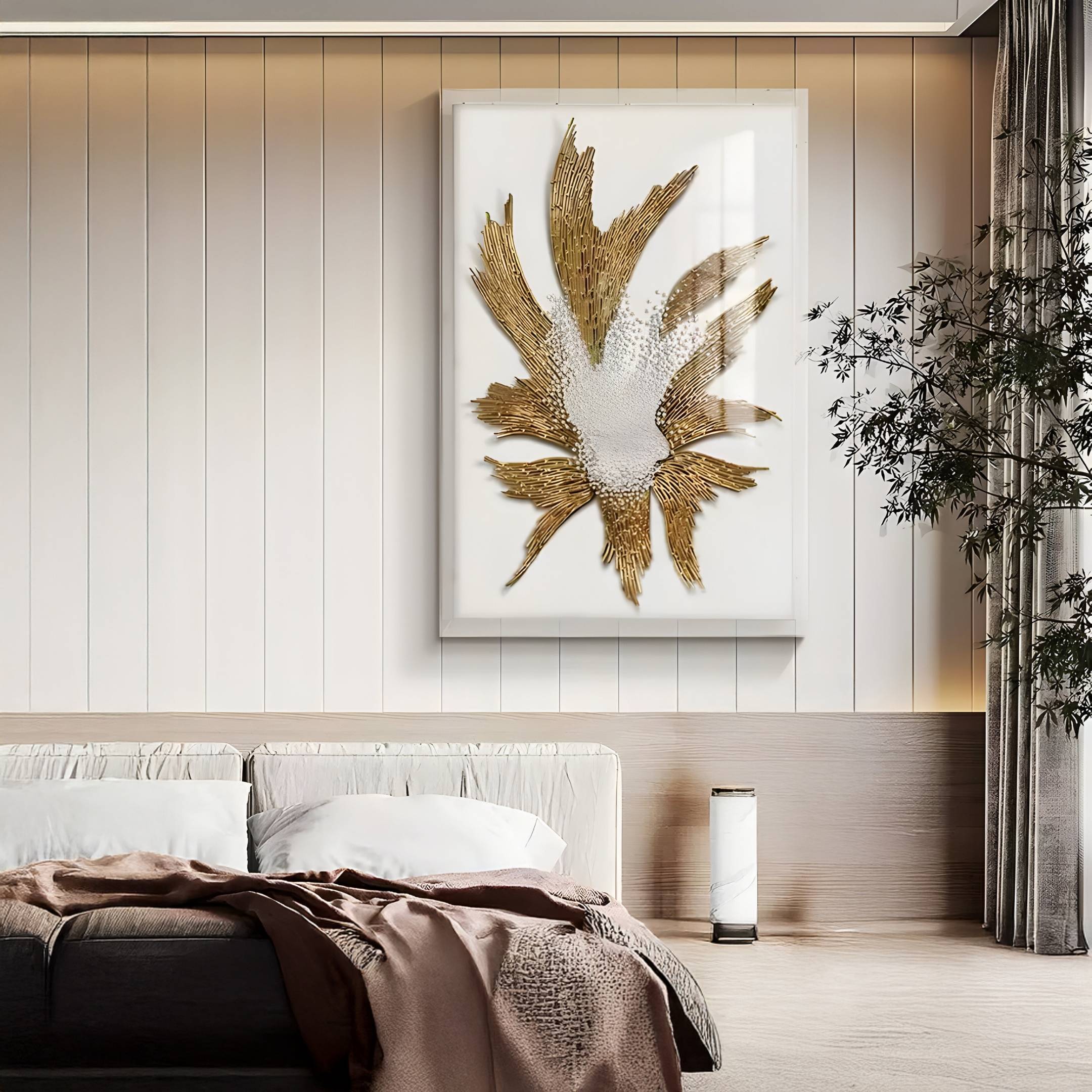 A modern bedroom features the Lirien Crown Pearl Burst Gold Sculptural 3D Wall Art by Giant Sculptures above a low bed with neutral bedding, a tall plant near the window, and soft natural light filling the space.