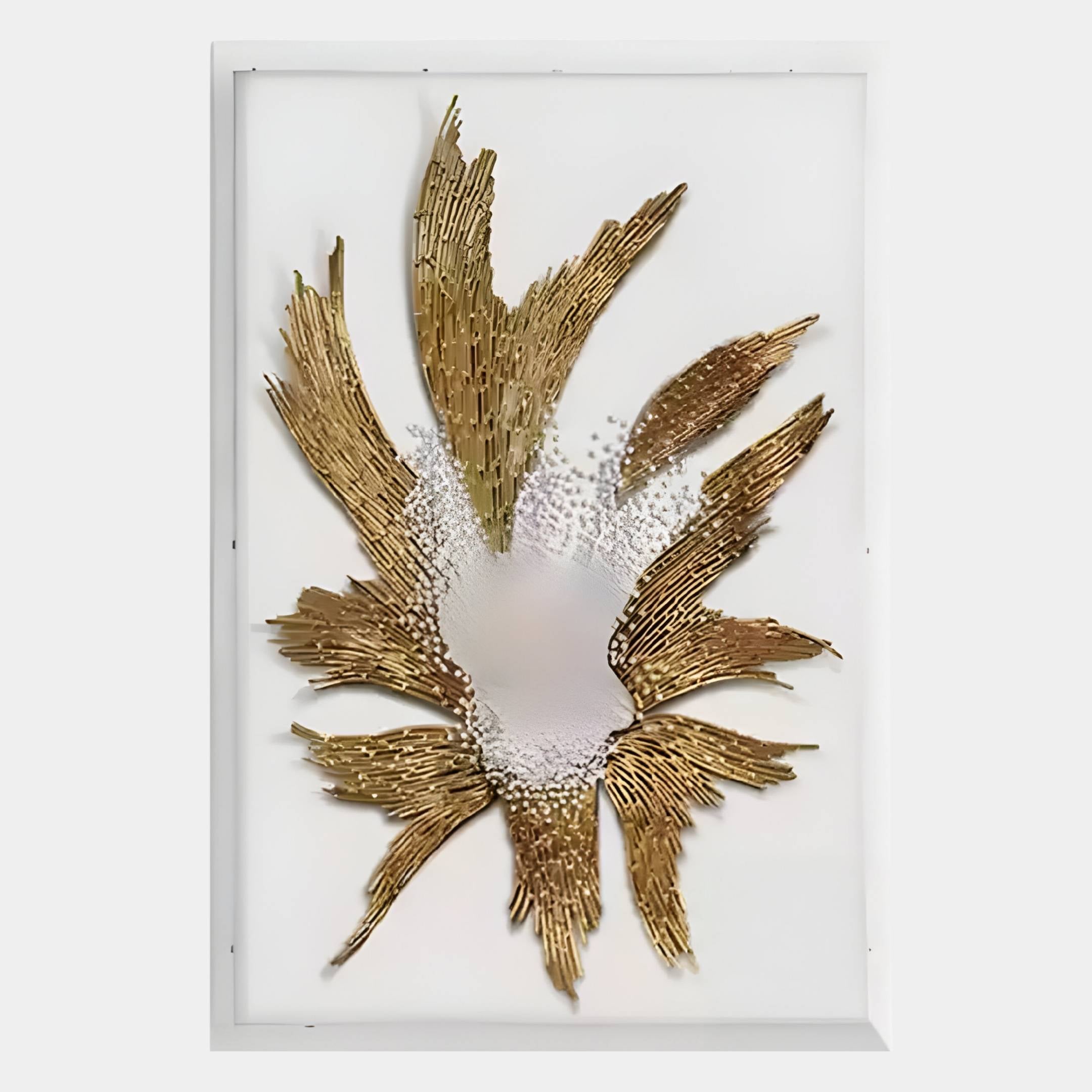 The Lirien Crown Pearl Burst Gold Sculptural 3D Wall Art by Giant Sculptures features metallic gold stick-like bursts with white pearl accents on a white background, elegantly framed for a striking sculptural wall display.