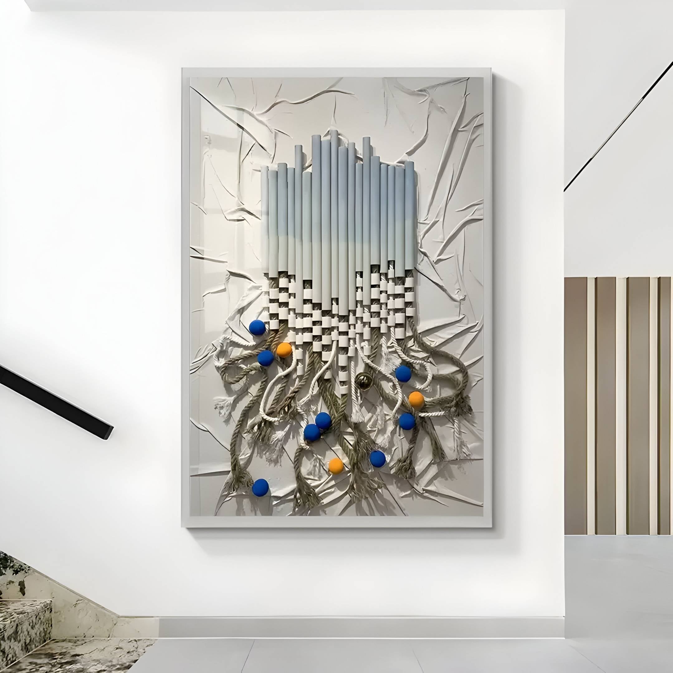 The Pearlash Bloom Cascade Mixed Media 3D Wall Art by Giant Sculptures features white and gray vertical blocks, branching tendrils, and blue-orange spheres for striking modern decor on any bright hallways textured white wall.