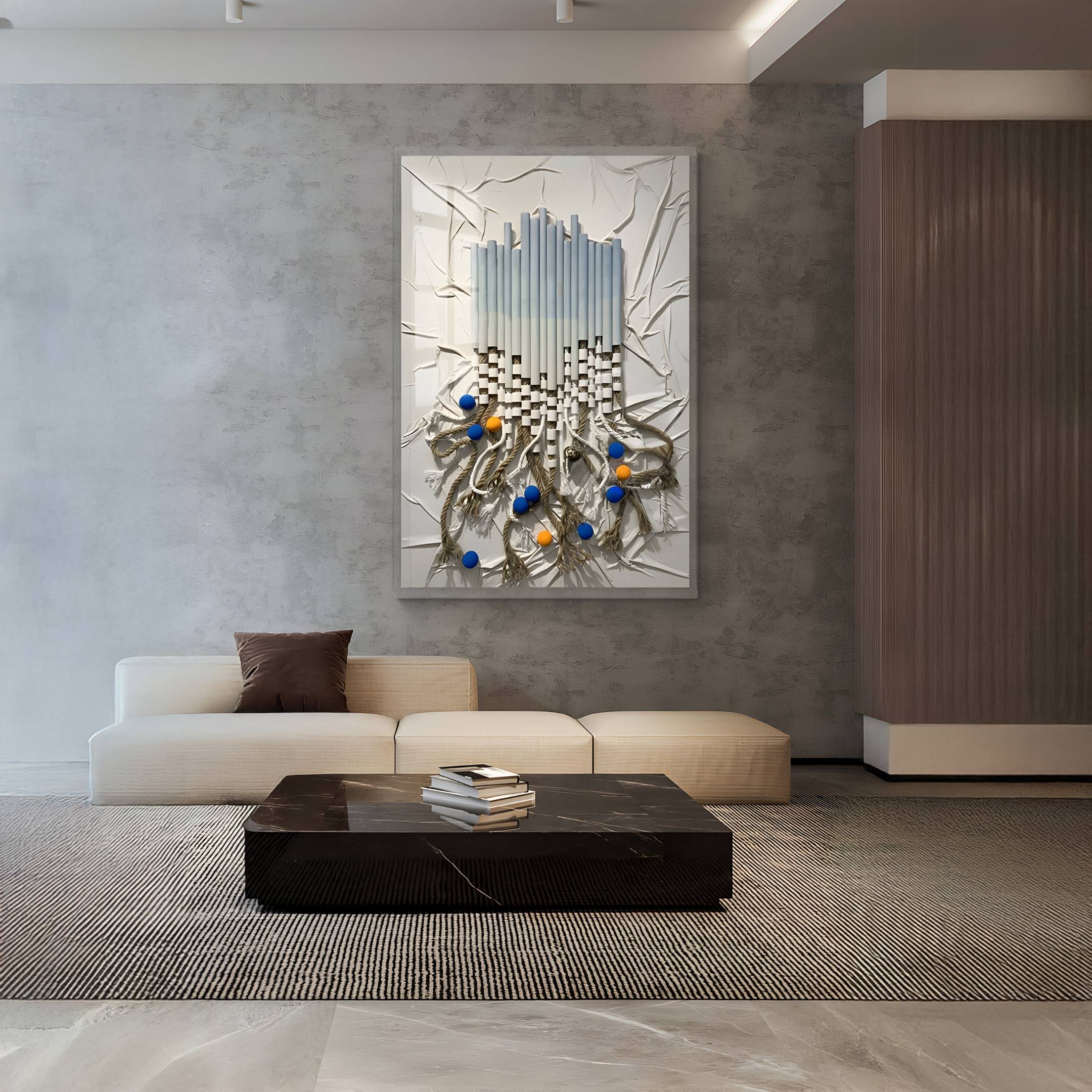 Modern living room with a cream sofa, brown cushion, dark coffee table with books, and Pearlash Bloom Cascade Mixed Media 3D Wall Art by Giant Sculptures above the sofa, featuring metallic textures with blue and yellow accents.