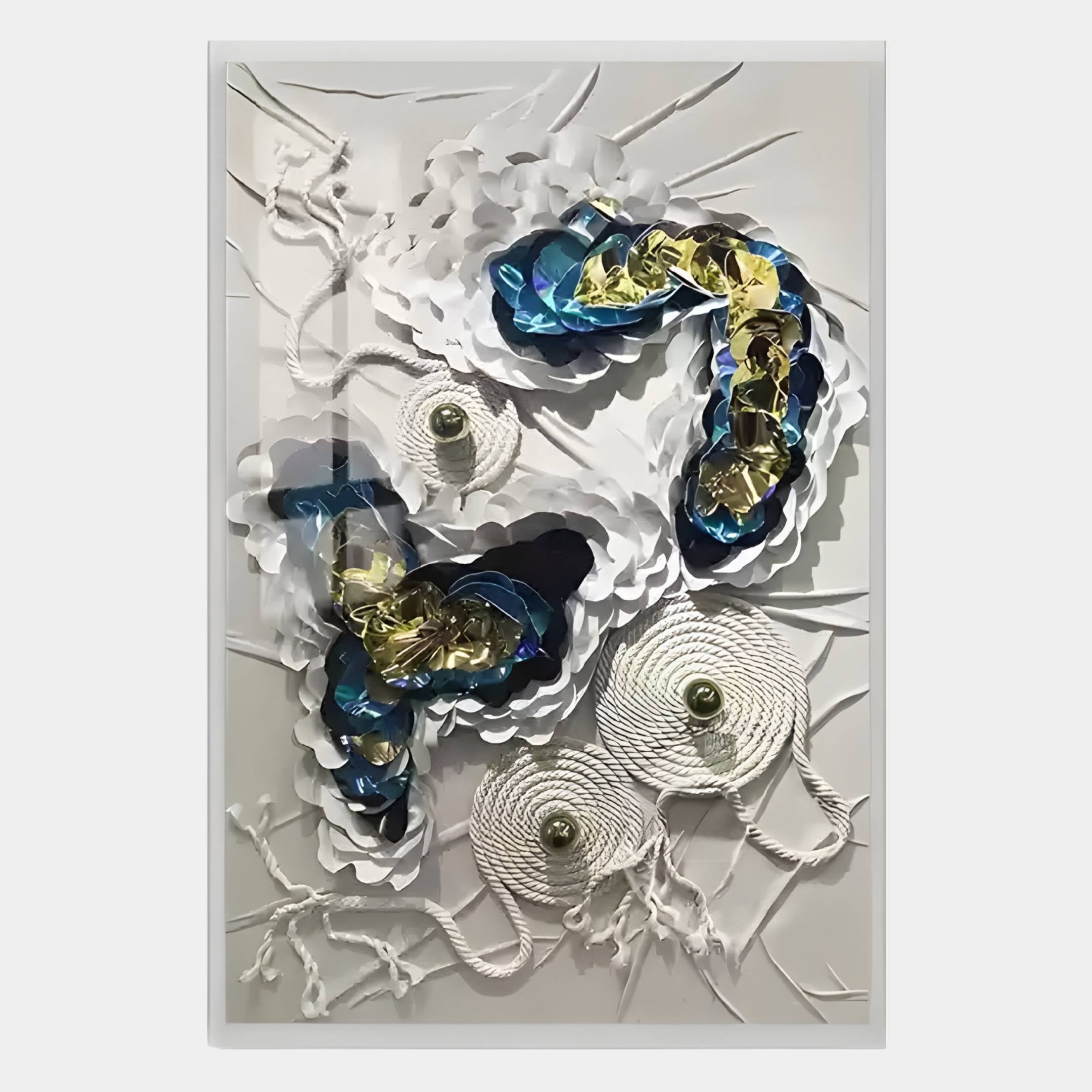 The Pearlash Coral Nest Mixed Media 3D Wall Art by Giant Sculptures features layered white paper, coiled rope, metallic blue and gold foil accents, and green beads abstractly arranged on a white background for striking sculptural decor.