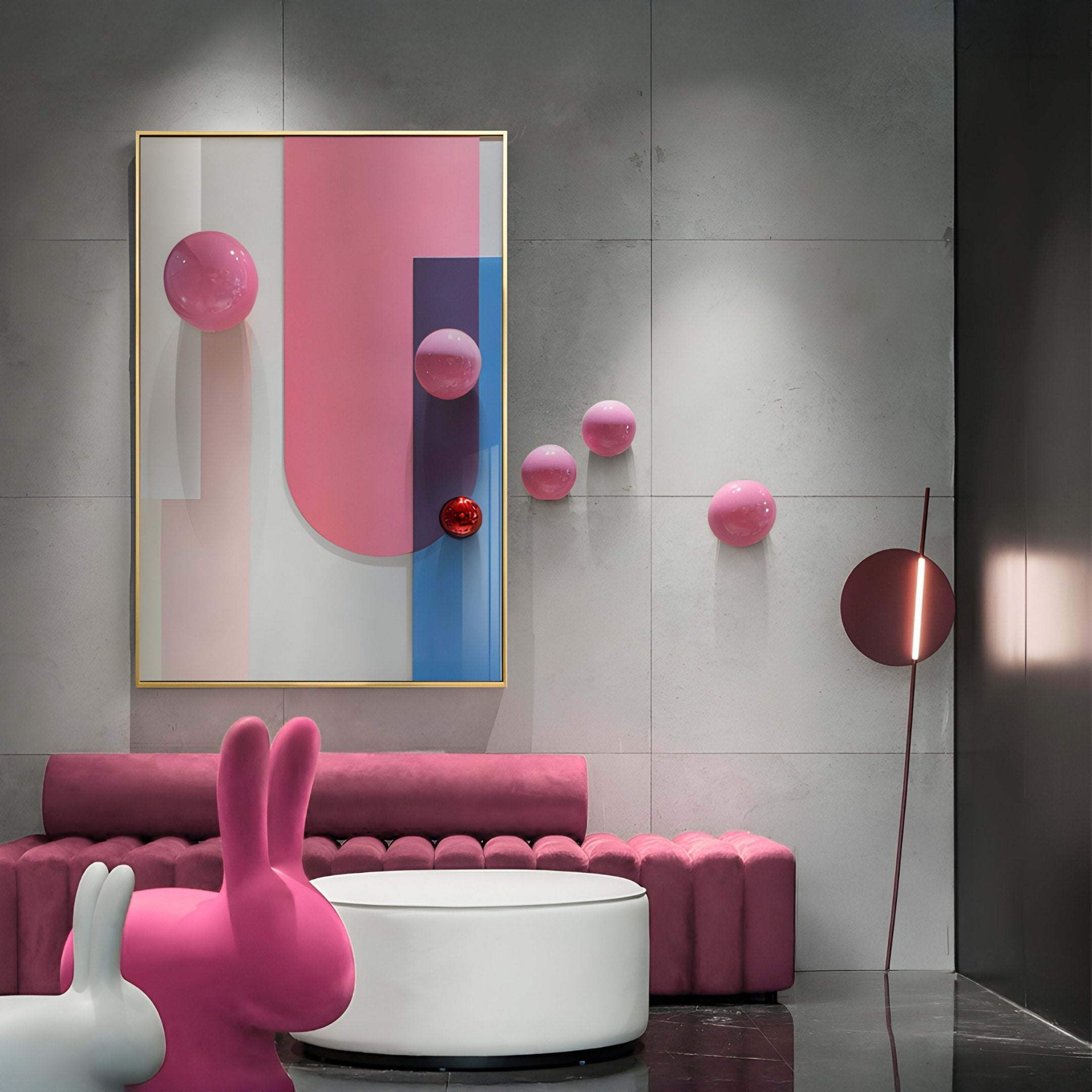 Bounce Pink & Blue Panel With Glossy Pink Balls Acrylic 3D Wall Art
