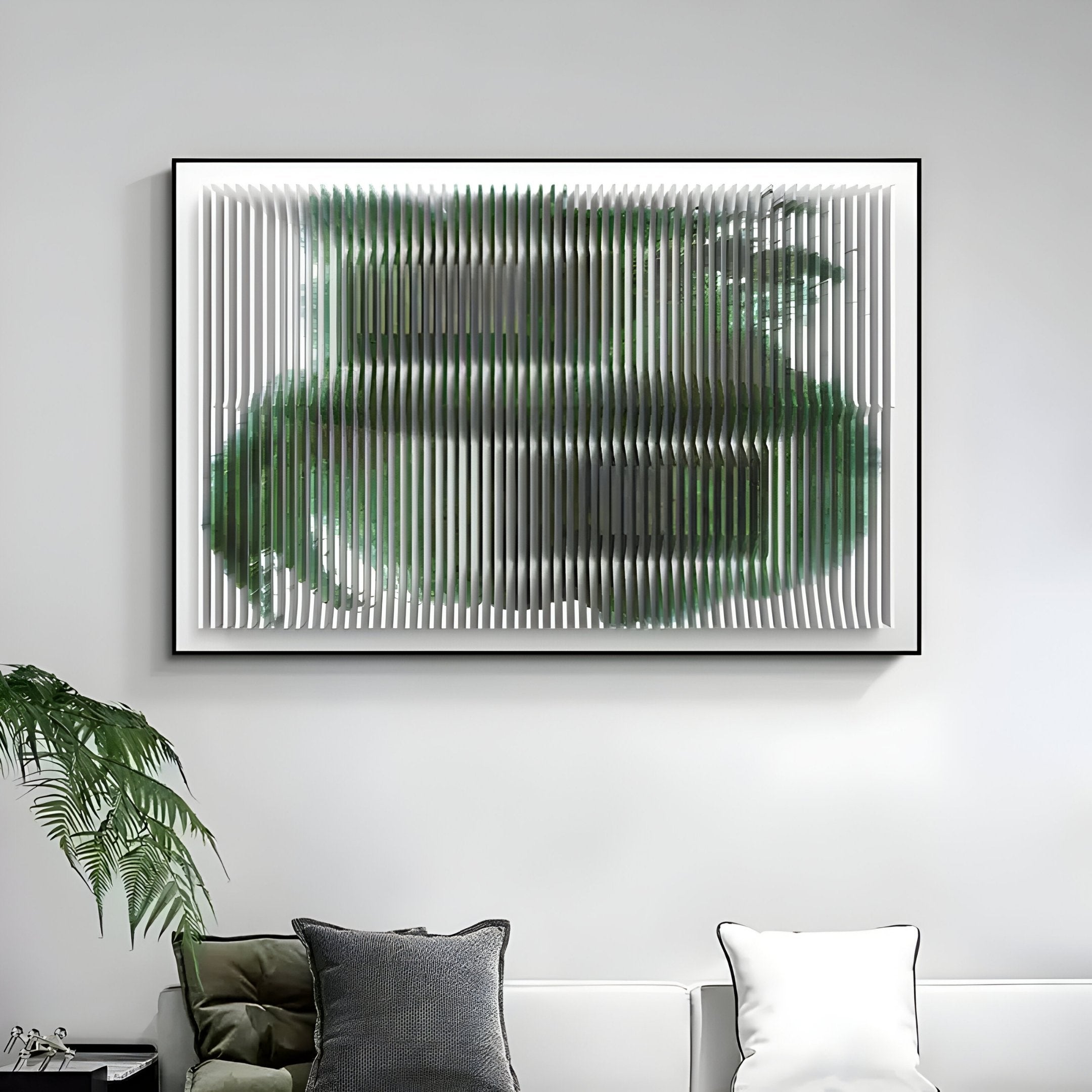 The Nebula I Forest Mirage Acrylic 3D Wall Art by Giant Sculptures features vertical white slats and a green abstract design, framed and mounted above a white sofa with green cushions—ideal for modern interiors.
