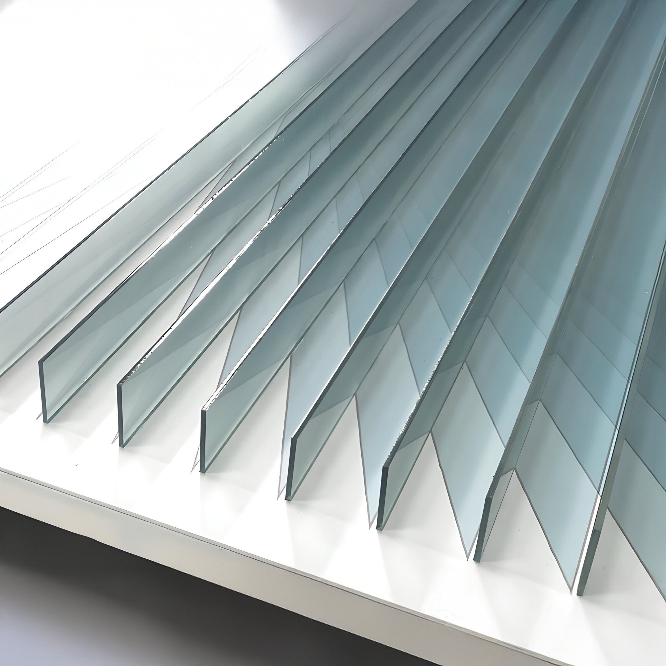 The Verta Blue Gradient Acrylic 3D Wall Art by Giant Sculptures features upright sheets in parallel rows, casting striking angular shadows and reflections reminiscent of sculptural artistry.