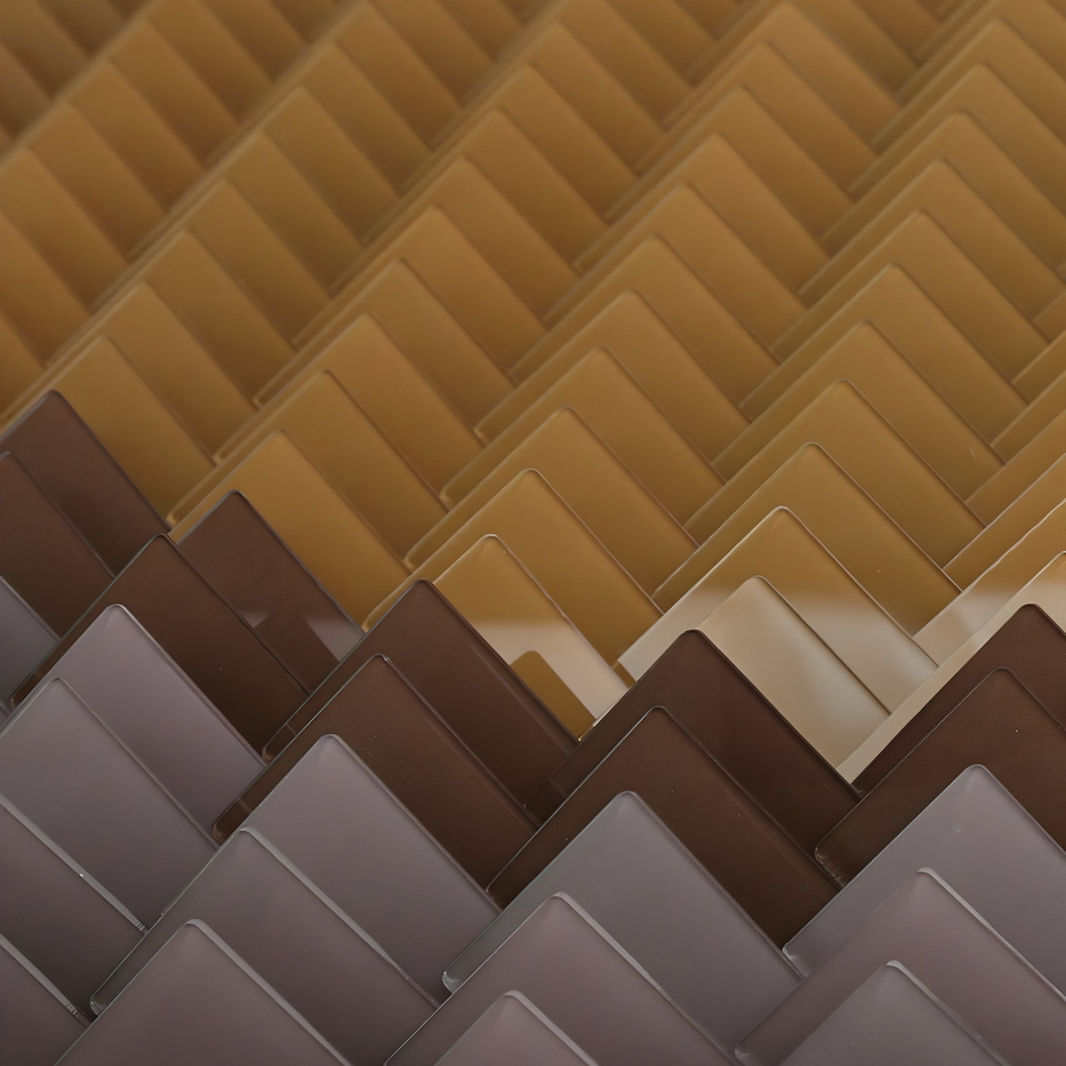 The Tessera Caramel & Walnut Gradient Acrylic 3D Wall Art by Giant Sculptures features overlapping rectangular tiles in earthy caramel and walnut tones, arranged diagonally for a bold geometric effect.