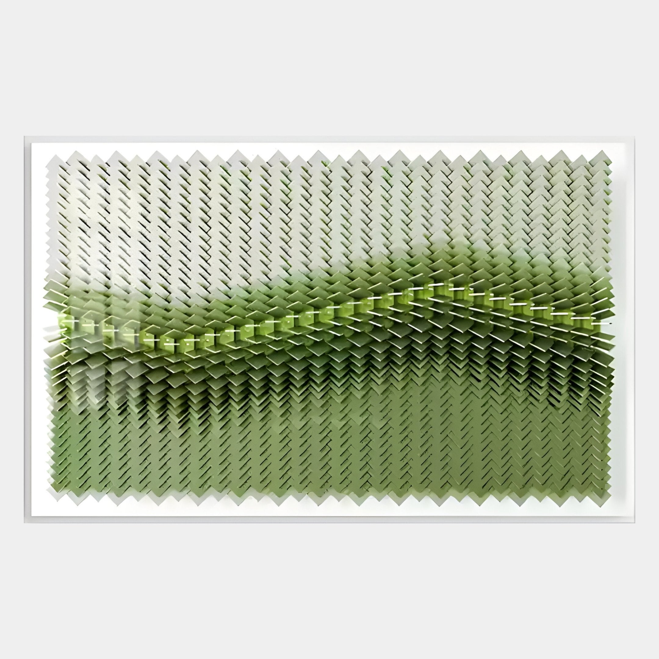 The Tessera Graphite Grey & Neon Lime Line Acrylic 3D Wall Art by Giant Sculptures features layered, overlapping zigzag patterns in green and white, arranged in rows to create a dynamic, wave-like effect.
