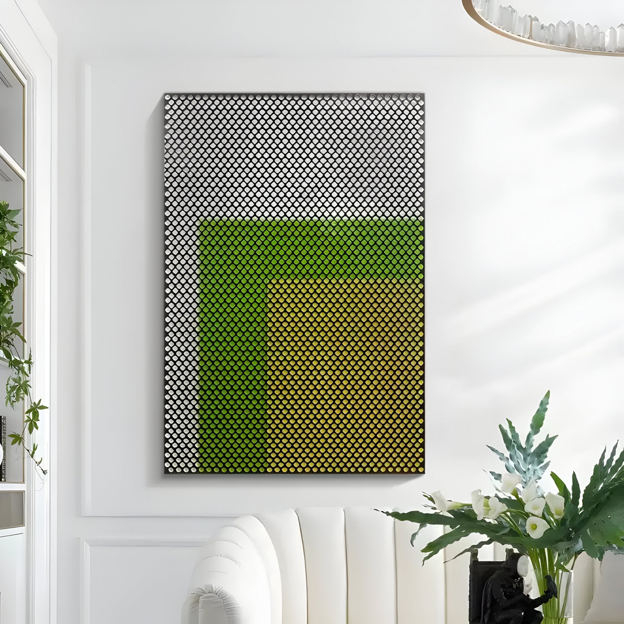 A modern painting with black and white geometric patterns hovers above a gradient of gray, lime green, and gold, capturing the chic style of Giant Sculptures’ Pixelate Lime Gold Acrylic 3D Wall Art in a bright, elegant room.