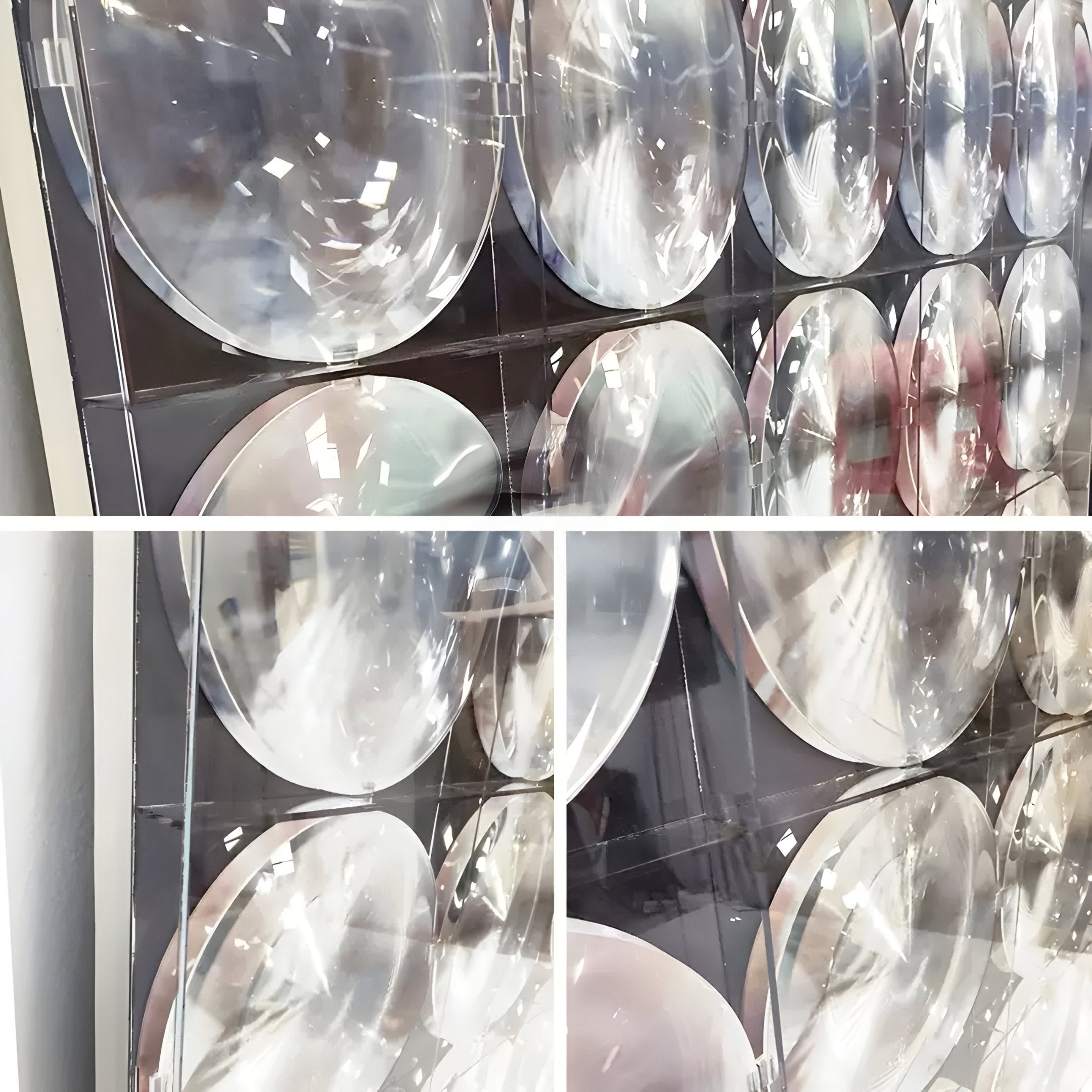 Close-up of Giant Sculptures Reflect Misty Rose & Storm Blue Mirror Acrylic 3D Wall Art, showcasing large convex mirrors in a grid on a transparent panel, creating striking reflections and modern geometric decor.