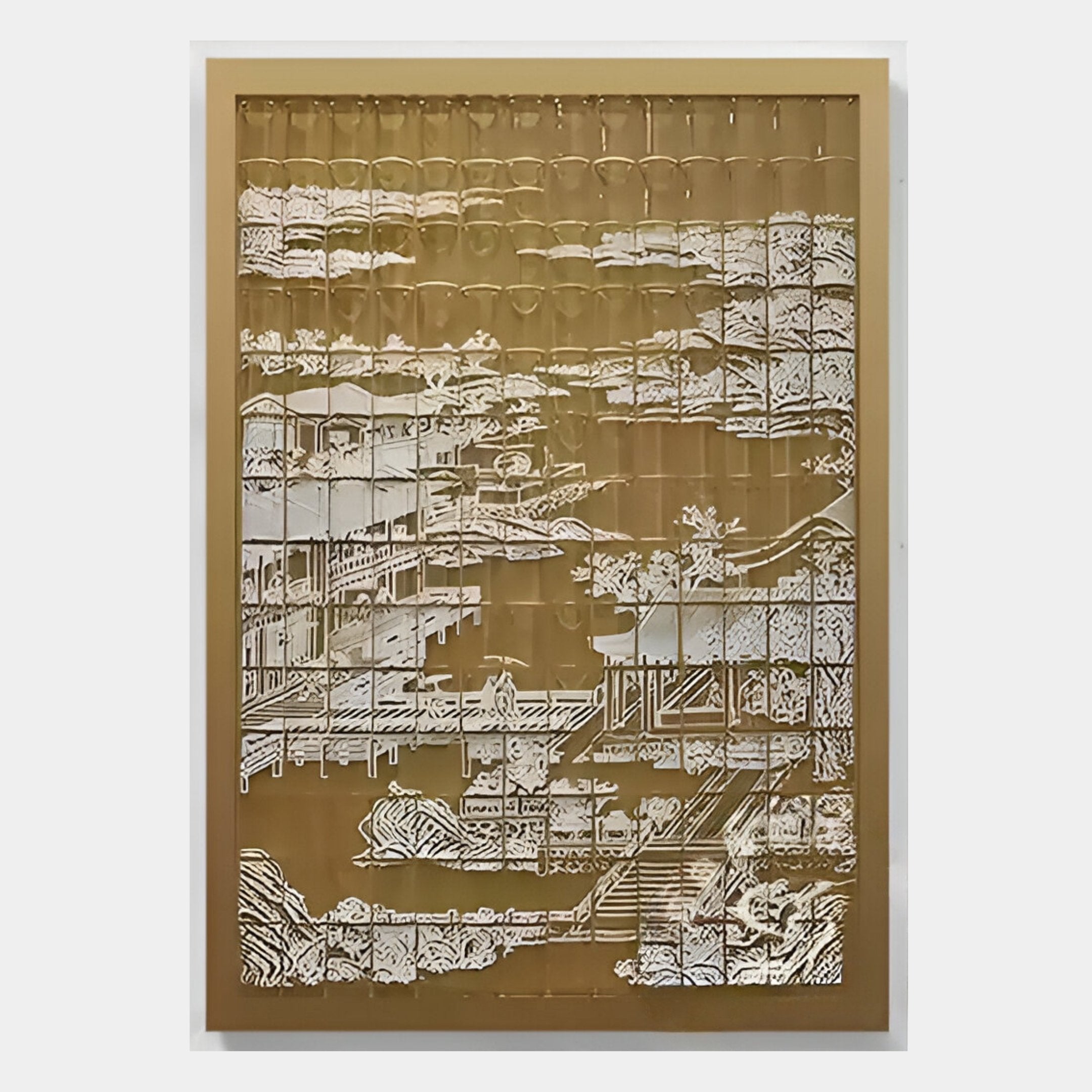 The Dynasty Dark Gold Landscape Acrylic 3D Wall Art by Giant Sculptures features an intricate white laser-cut design of Asian architecture, pathways, and nature set against a rich dark gold background.