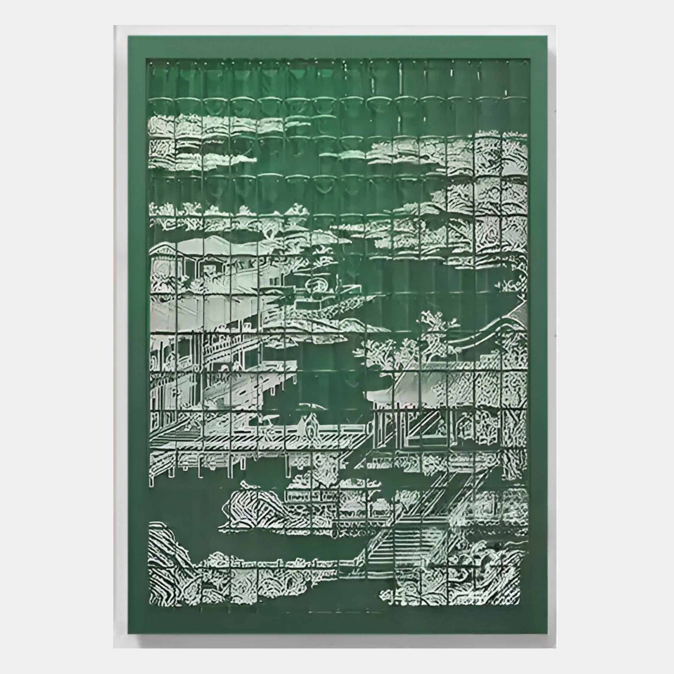 The Dynasty Forest Green Pavilion Acrylic 3D Wall Art by Giant Sculptures features an intricate, layered landscape of buildings, bridges, trees, and clouds in green and white with a delicate cut-out design.
