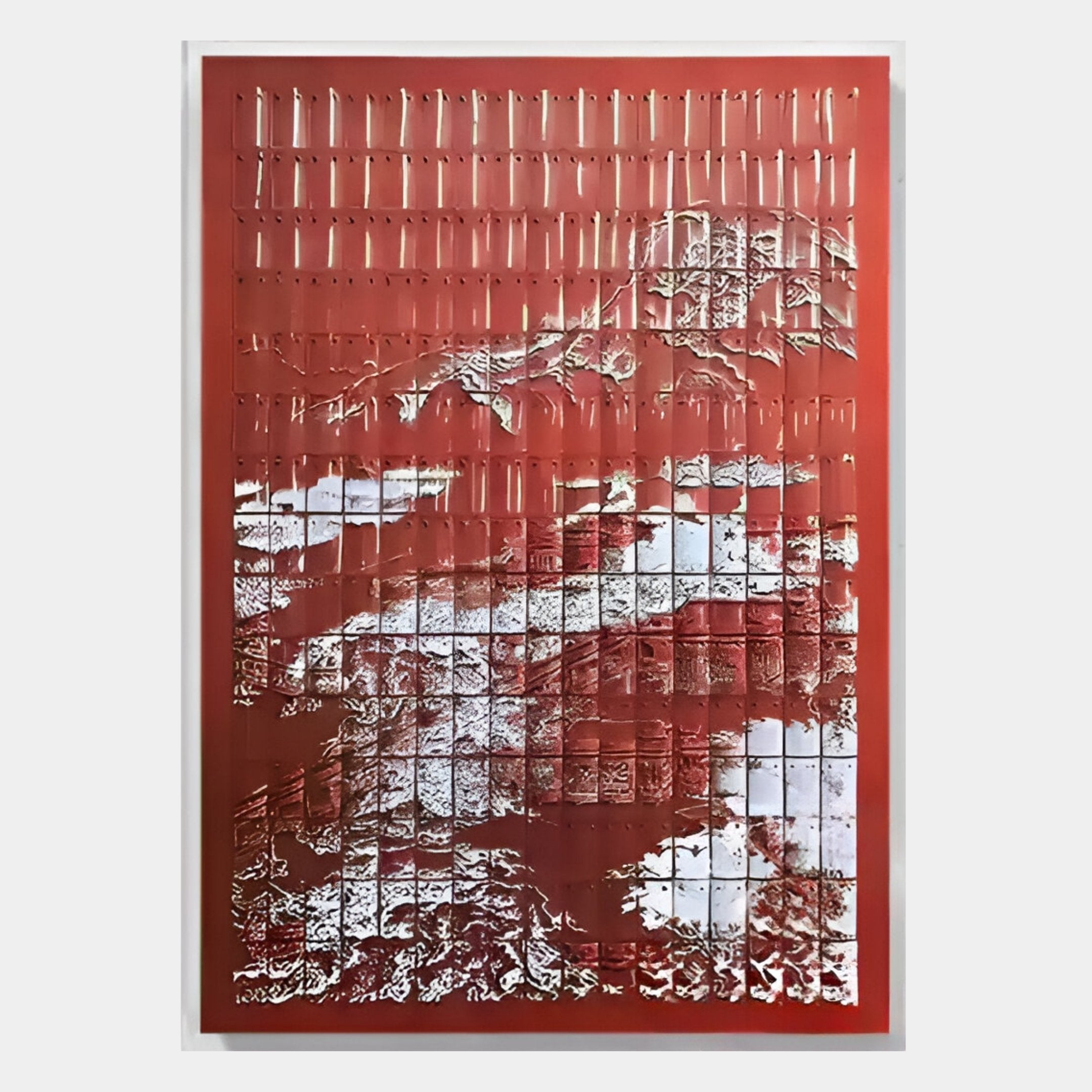 The Dynasty Crimson Peaks Acrylic 3D Wall Art by Giant Sculptures features a red rectangular design with vertical slits, revealing an abstract white mountain landscape—ideal textured decor for contemporary spaces.