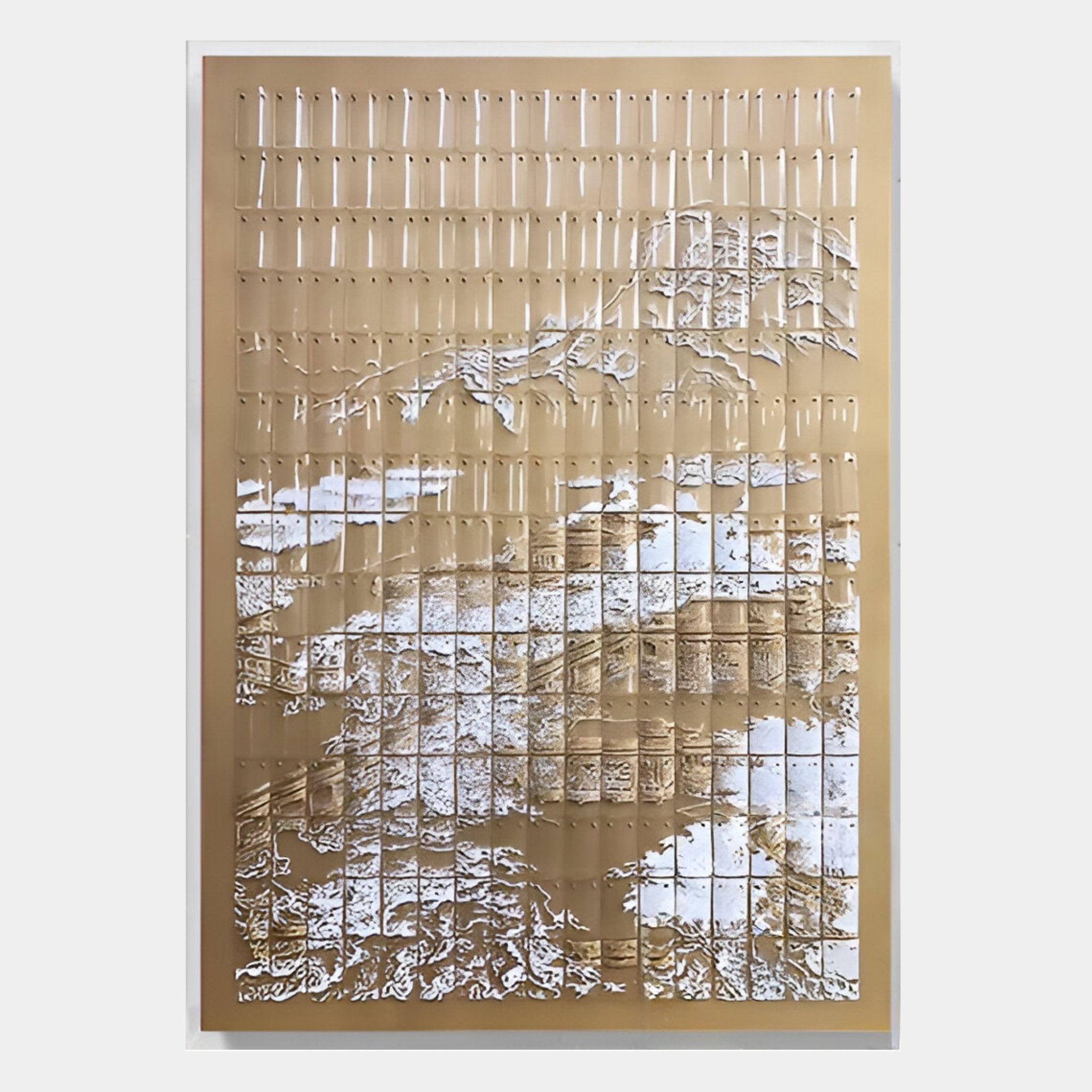 The Dynasty Golden Cliffs Acrylic 3D Wall Art by Giant Sculptures features vertical-cut tan acrylic that creates sculptural wall decor, revealing a detailed landscape with mountains, trees, and water in white and brown tones.