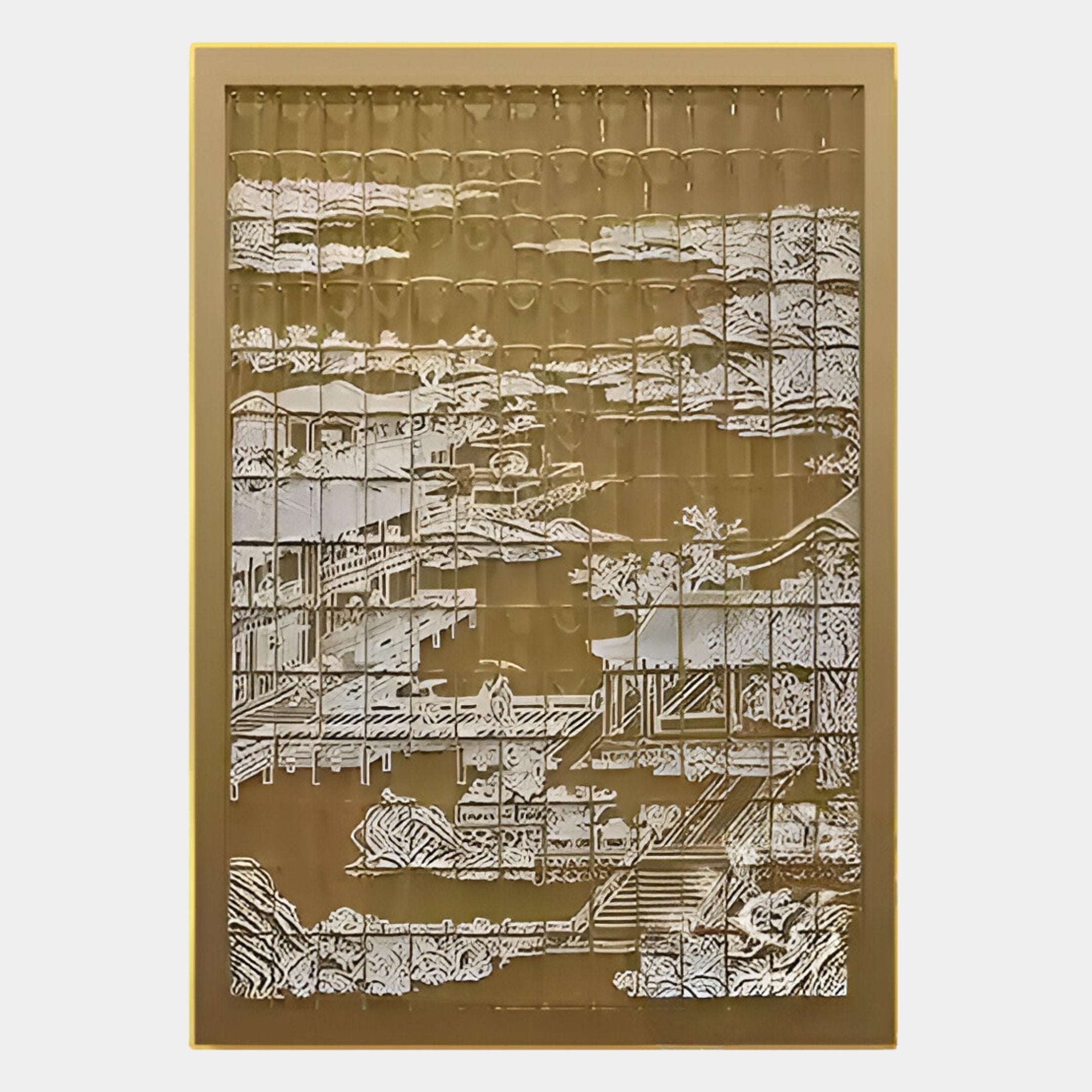 The Dynasty Dark Gold Landscape Framed Acrylic 3D Wall Art by Giant Sculptures features intricate white line drawings of East Asian architecture and landscapes on a transparent background, beautifully capturing traditional scenery.