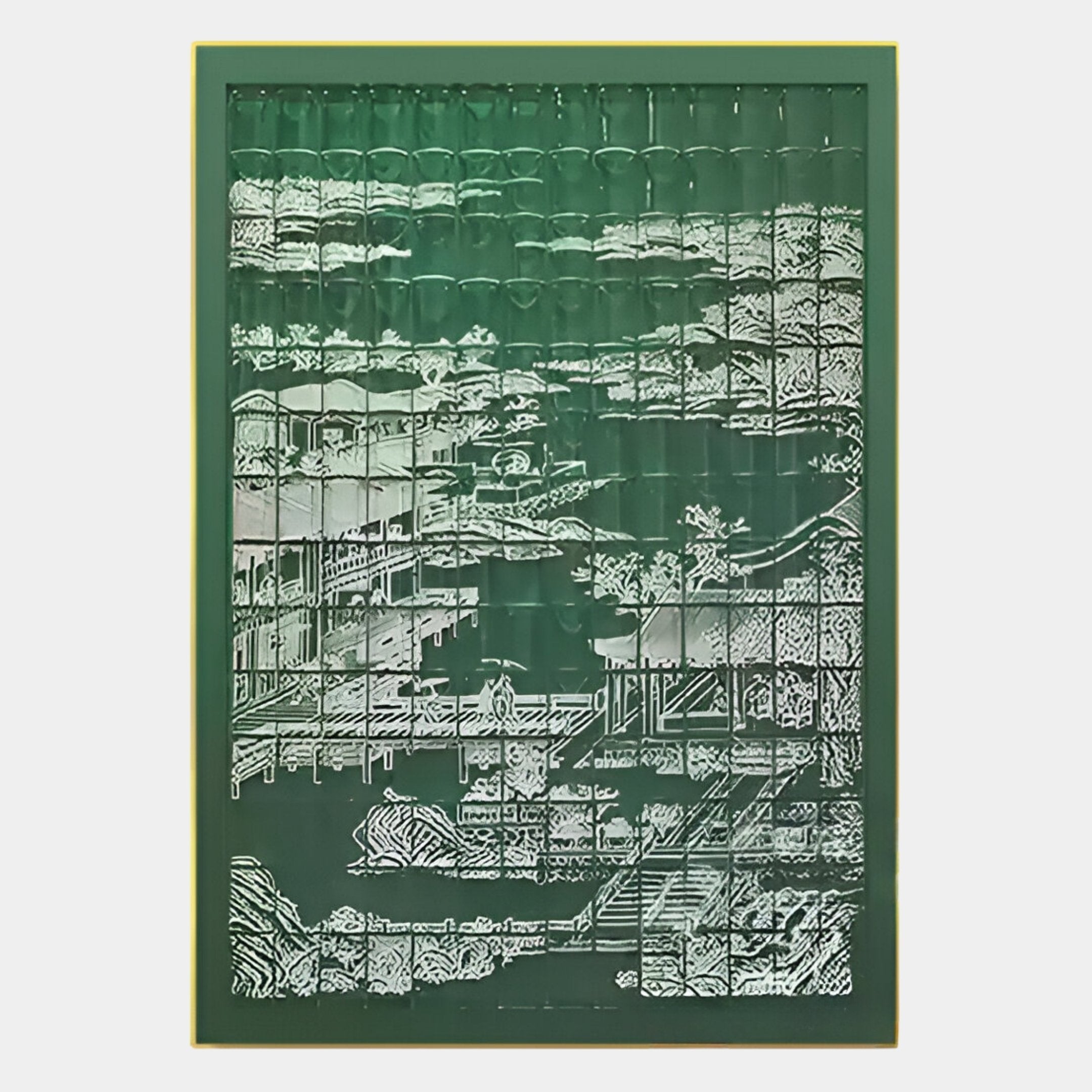 The Dynasty Forest Green Pavilion Framed Acrylic 3D Wall Art by Giant Sculptures features a green and yellow frame with a detailed white illustration of Japanese pavilions, trees, and bridges, perfect as Zen-inspired wall decor.
