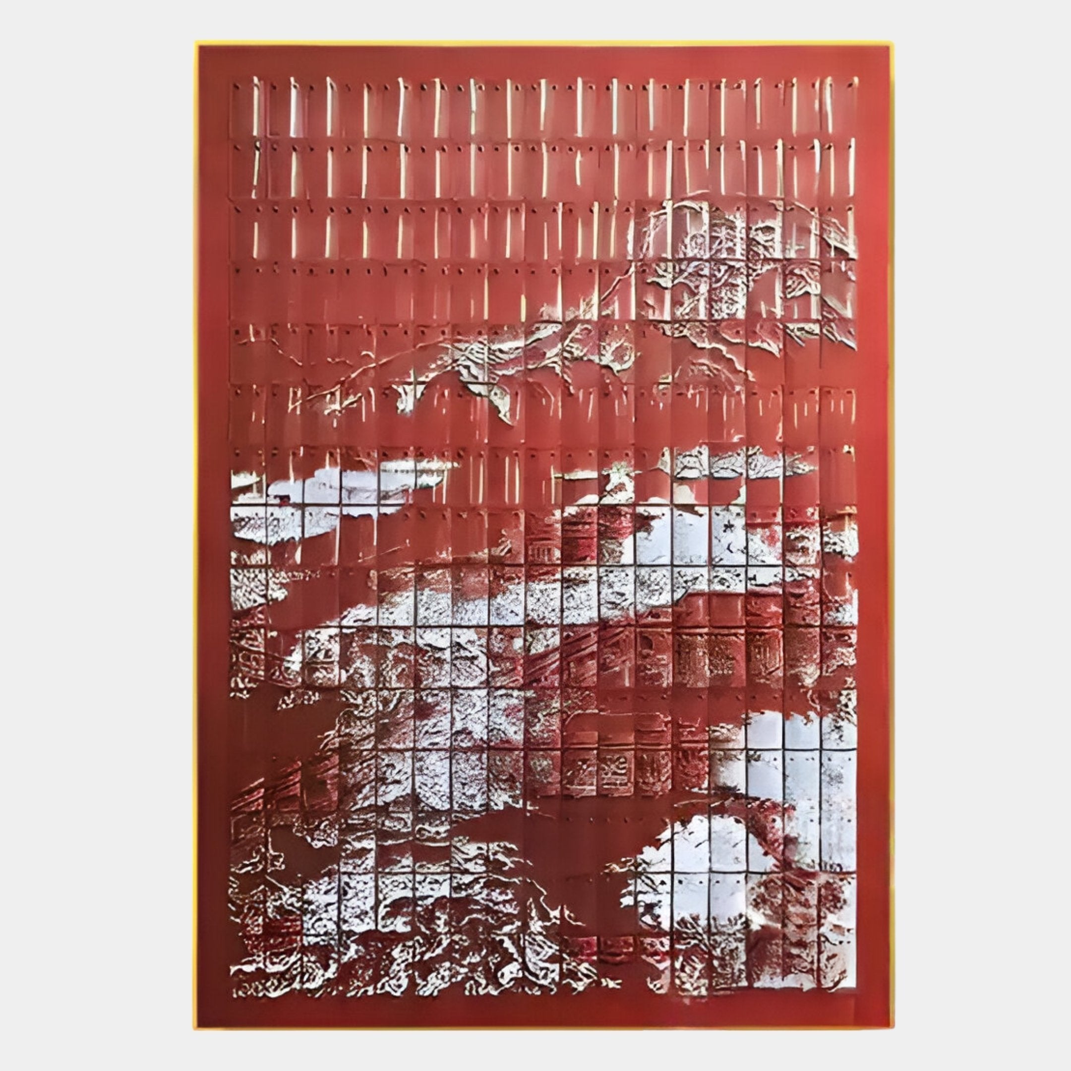 The Dynasty Crimson Peaks Framed Acrylic 3D Wall Art by Giant Sculptures features a red rectangular design with vertical slits and white textured patterns evoking abstract mountains and clouds for a modern, dimensional effect.