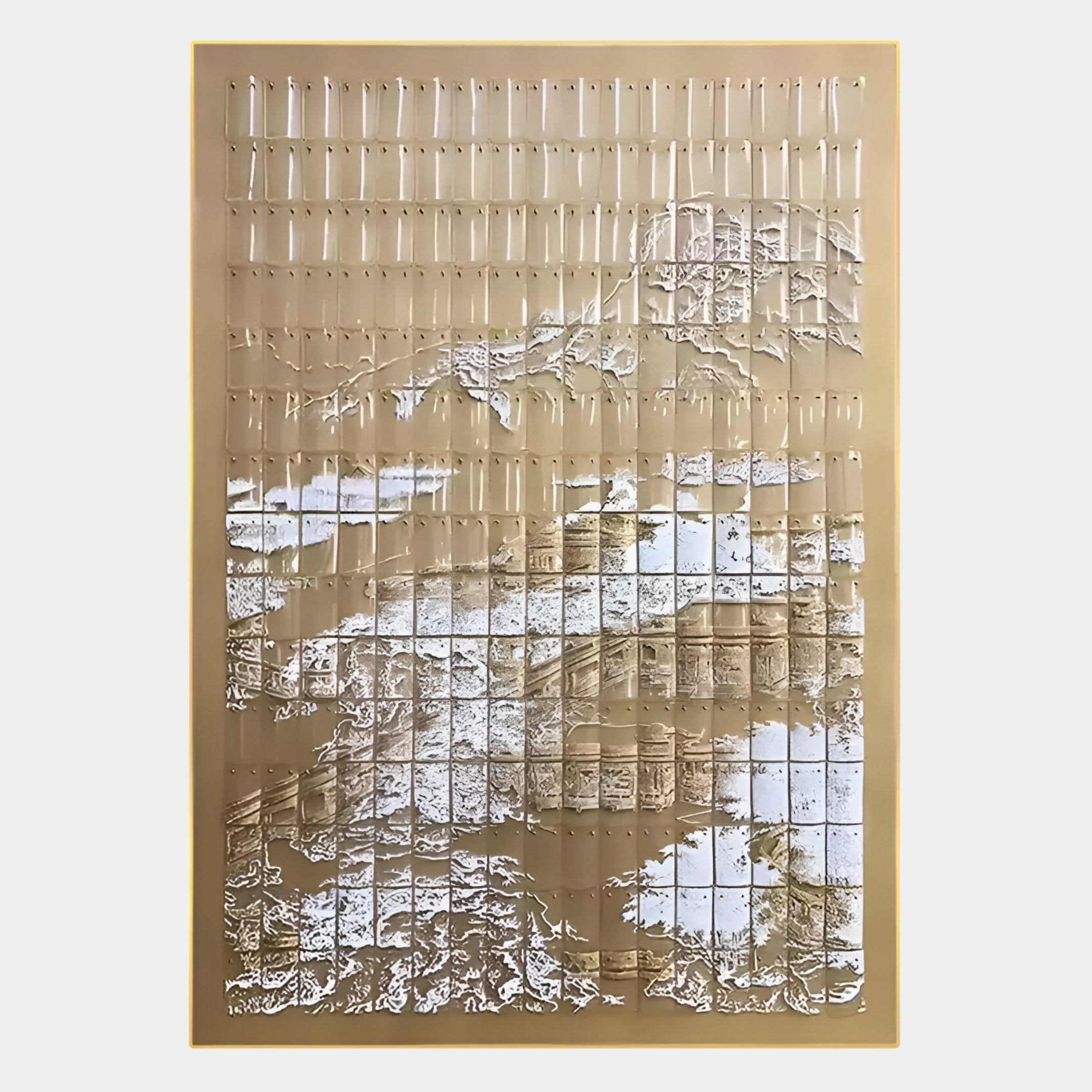 The Dynasty Golden Cliffs Framed Acrylic 3D Wall Art by Giant Sculptures showcases intricately carved beige mountains with vertical slits, revealing a white backdrop for a layered, textured effect—perfect for modern Zen spaces.