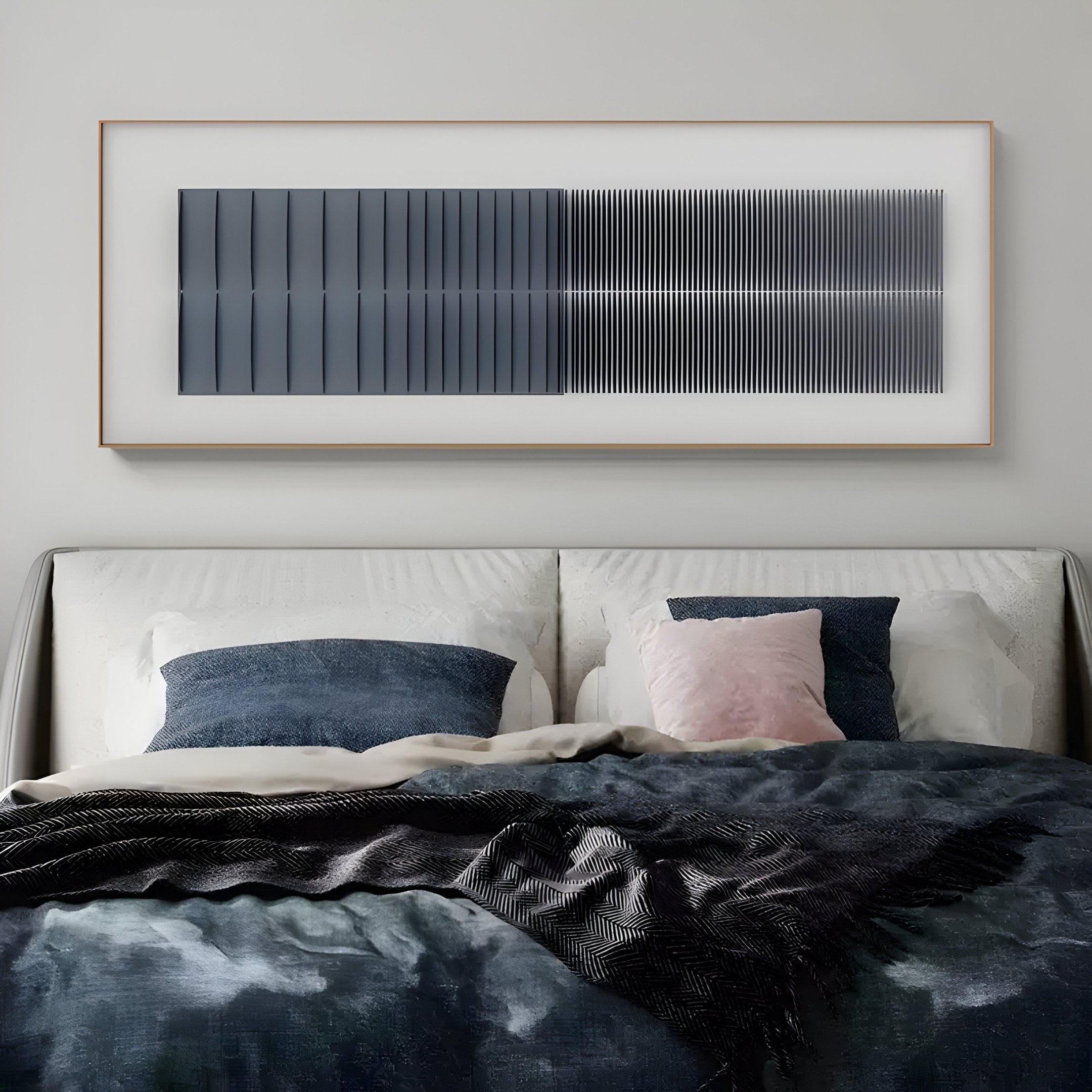 A modern bedroom features a bed with blue and gray bedding, two pillows—one pink and one gray—and the Flowline Slate Blue Gradient Acrylic 3D Wall Art by Giant Sculptures with vertical black and white lines above the headboard.