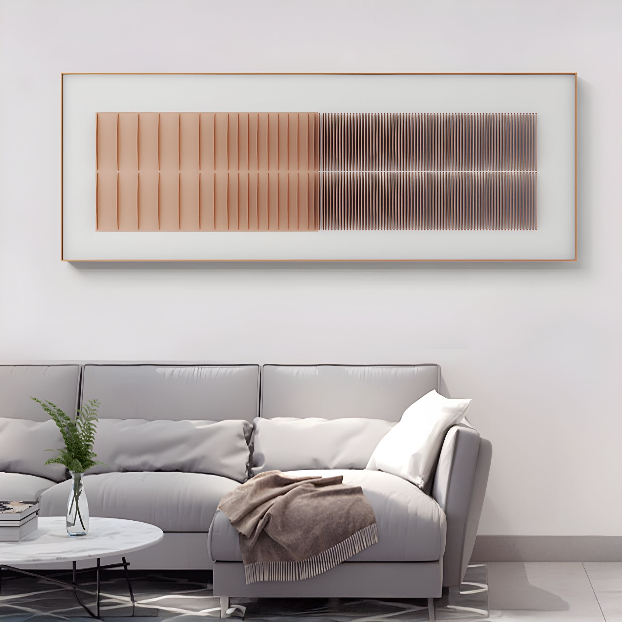 A modern living room with a light gray sectional, white marble coffee table with a plant, geometric rug, and Giant Sculptures Flowline Copper Blush Gradient Acrylic 3D Wall Art adding striking copper-toned vertical lines above the sofa.