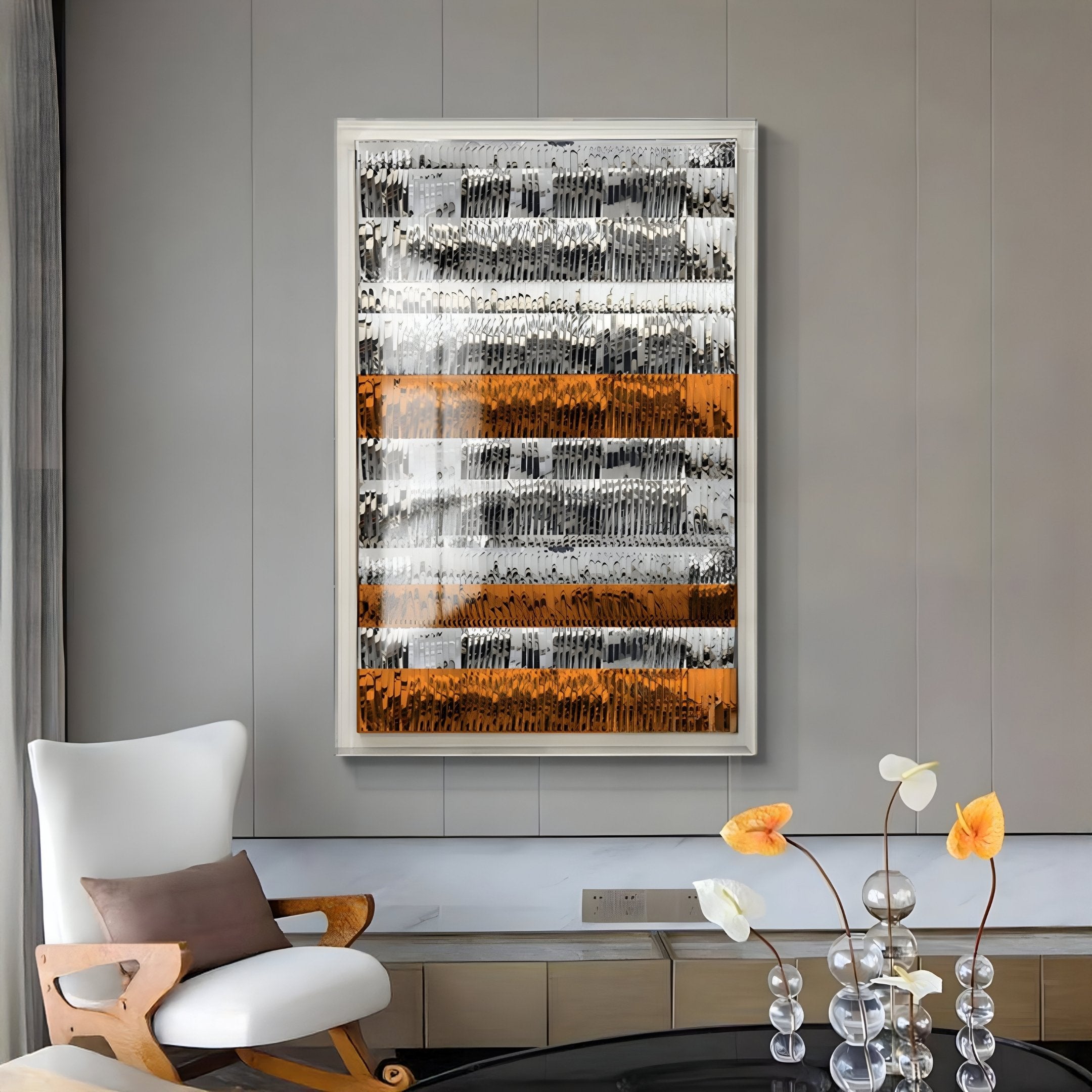A modern living room showcases a white armchair with wooden accents, a glass table with an orange and white floral vase, and Giant Sculptures’ Rhythm Tangerine & Silver Layered Stripe Leather 3D Wall Art as striking décor.