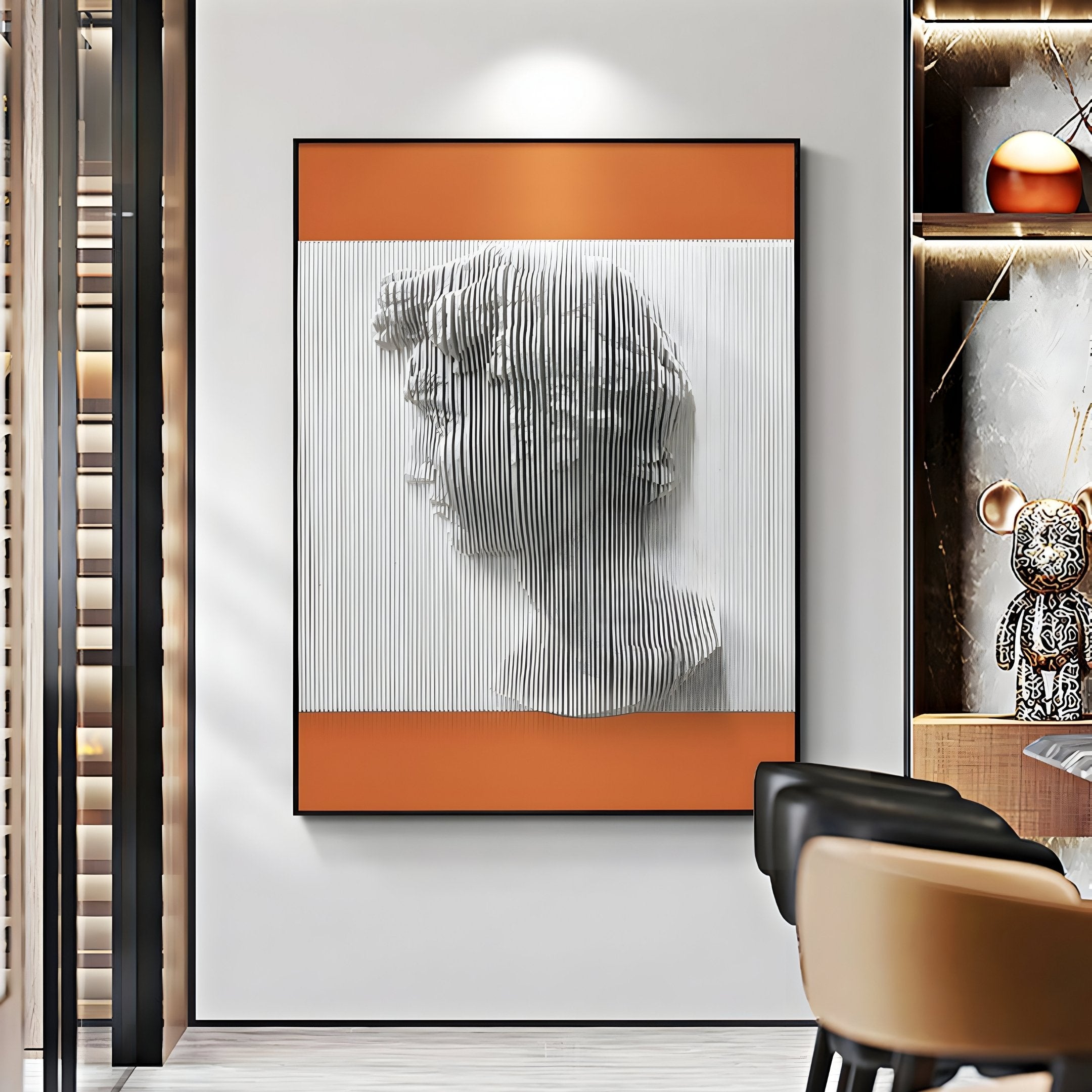 The Edge Terracotta David Bust Leather & Acrylic 3D Wall Art by Giant Sculptures features a segmented grayscale David profile bordered with terracotta leather-style panels, perfect for stylish contemporary interiors with neutral tones.