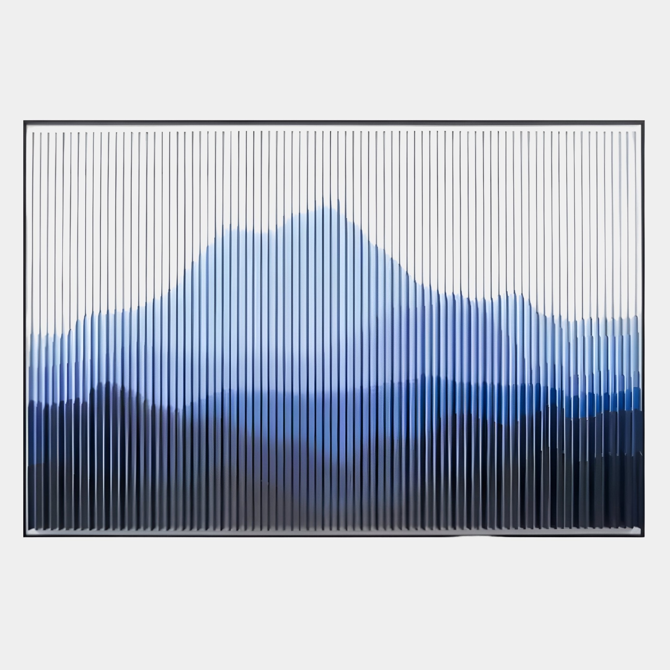 The Horizon Indigo Sky Mountain Acrylic 3D Wall Art by Giant Sculptures features vertical white and transparent lines over an abstract blue mountain scene, creating a blurred, optical illusion—ideal for modern decor.