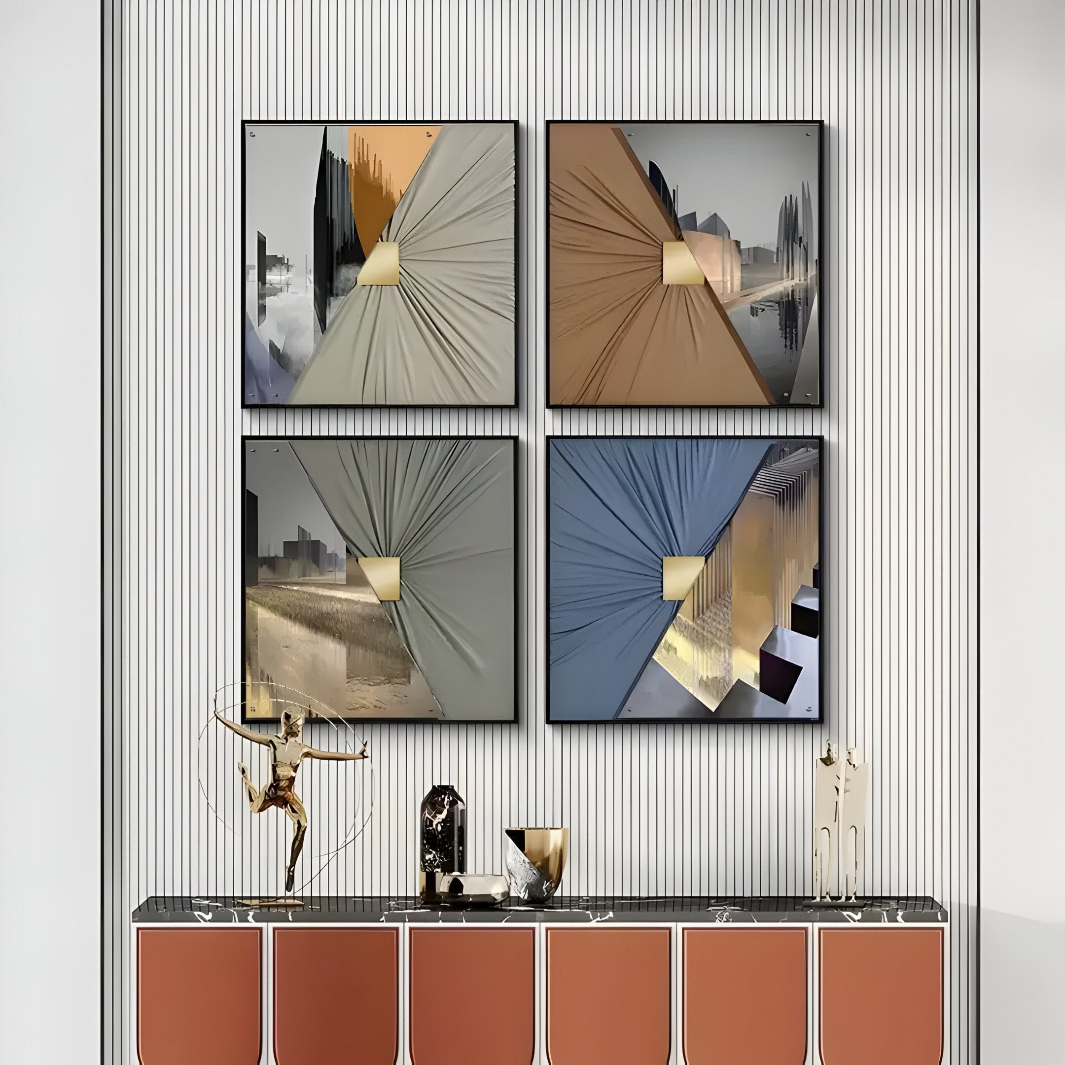 The Urbanist 4-Set Split Cityscape Acrylic & Leather 3D Wall Art by Giant Sculptures hangs in a grid above a brown console, with decorative accents like a gold archer sculpture elevating the luxe interior.