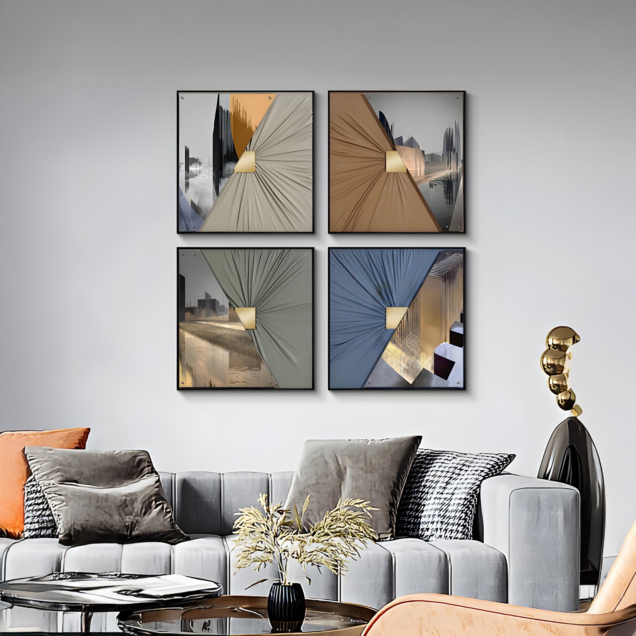 A modern living room features a grey sofa, patterned cushions, and a gold lamp. The wall displays Giant Sculptures’ Urbanist 4-Set Split Cityscape Acrylic & Leather 3D Wall Art. A glass table with a plant enhances the luxury décor.