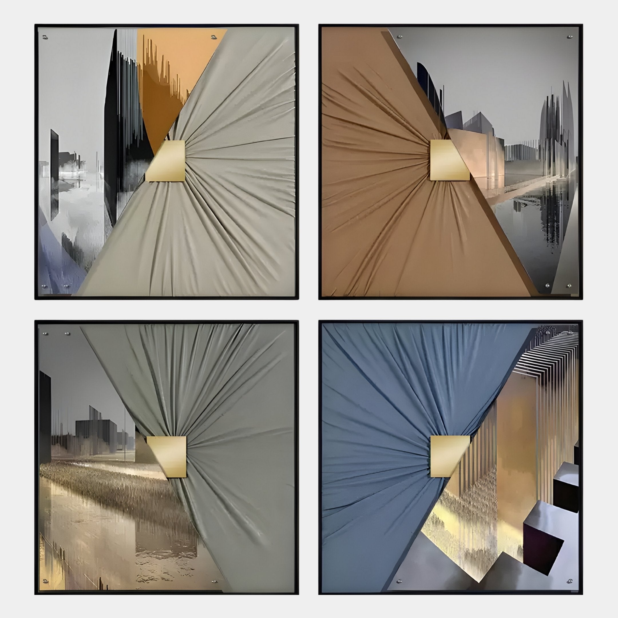 The Urbanist 4-Set Split Cityscape Acrylic & Leather 3D Wall Art by Giant Sculptures features four abstract squares with folded, fabric-like surfaces and central openings revealing blurred cityscapes in gray, brown, gold, and blue—ideal for luxury interiors.