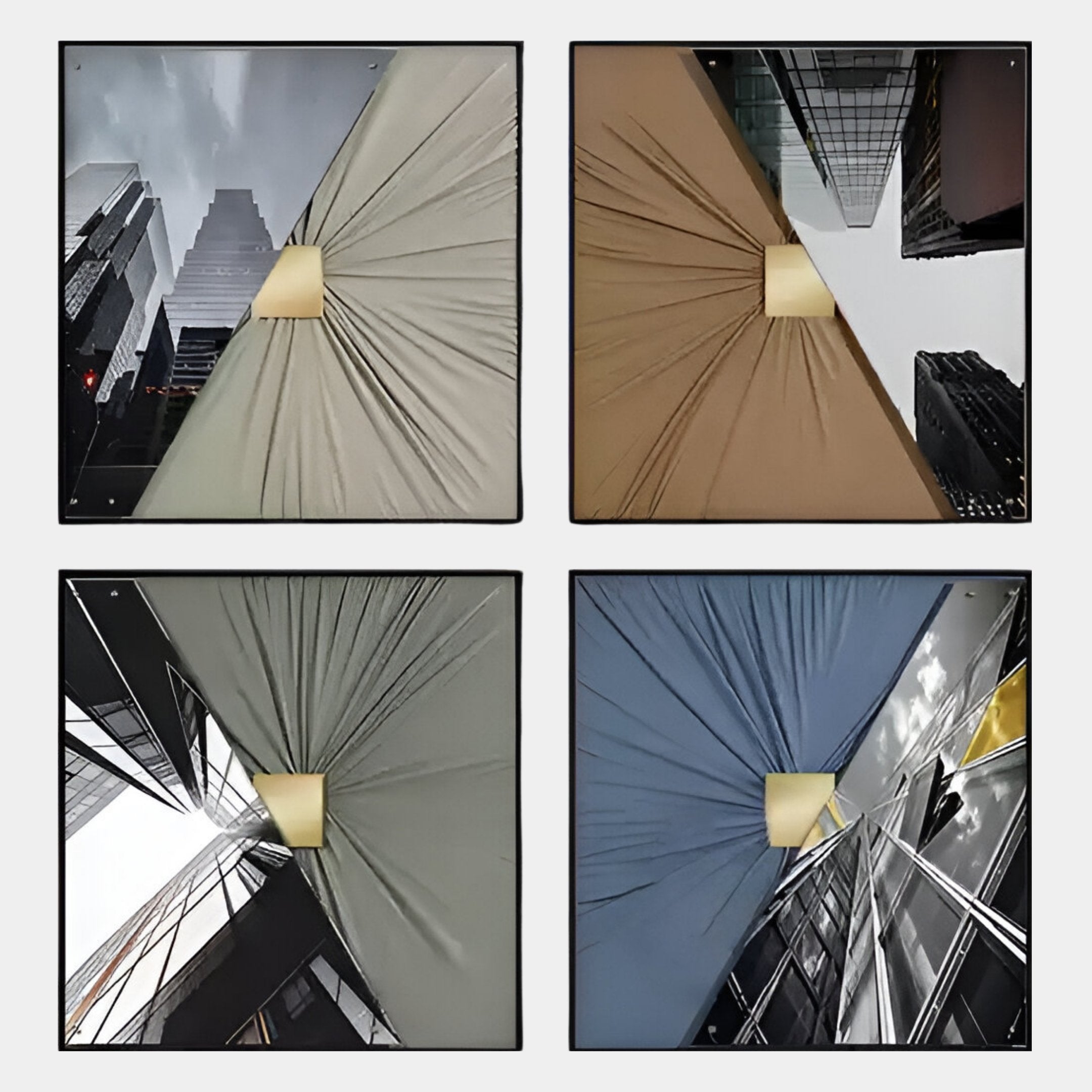 The Urbanist 4-Set Reflected Towers Acrylic & Leather 3D Wall Art by Giant Sculptures features city skyscraper images draped in beige, tan, green, and blue fabric with a central golden square—modern city decor for your wall.